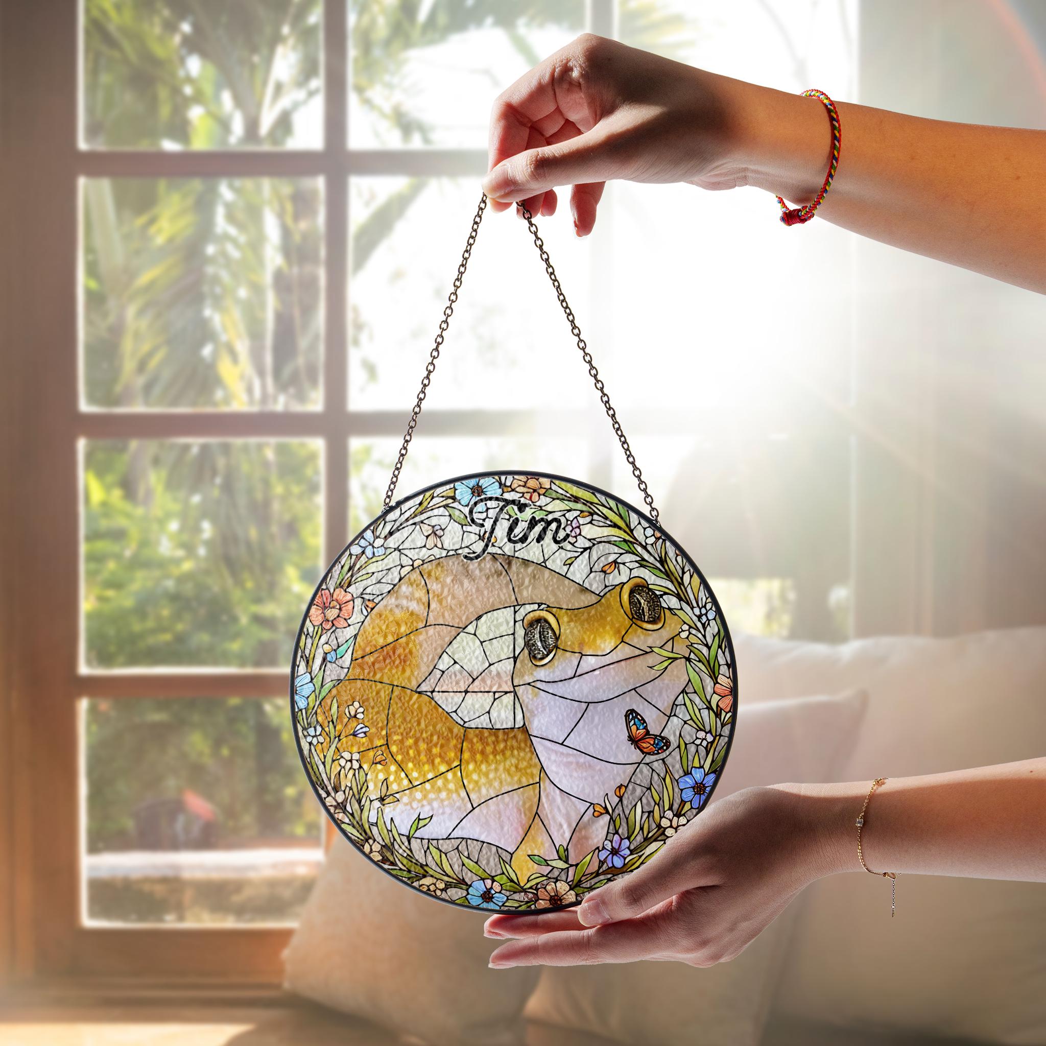 Personalized Bearded Dragon Lizard Wildflowers Portrait Glass Suncatcher, Glass Pet Memorial, Custom Pet Portrait from Photo, Sympathy Gifts