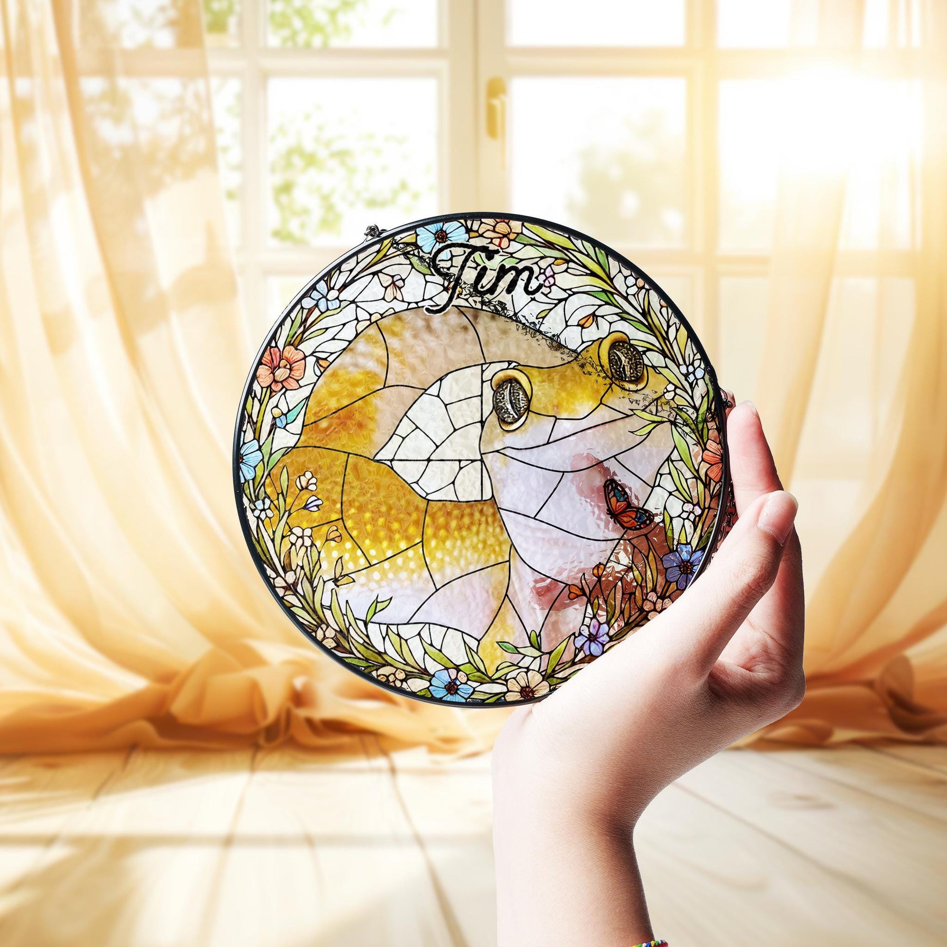 Personalized Bearded Dragon Lizard Wildflowers Portrait Glass Suncatcher, Glass Pet Memorial, Custom Pet Portrait from Photo, Sympathy Gifts