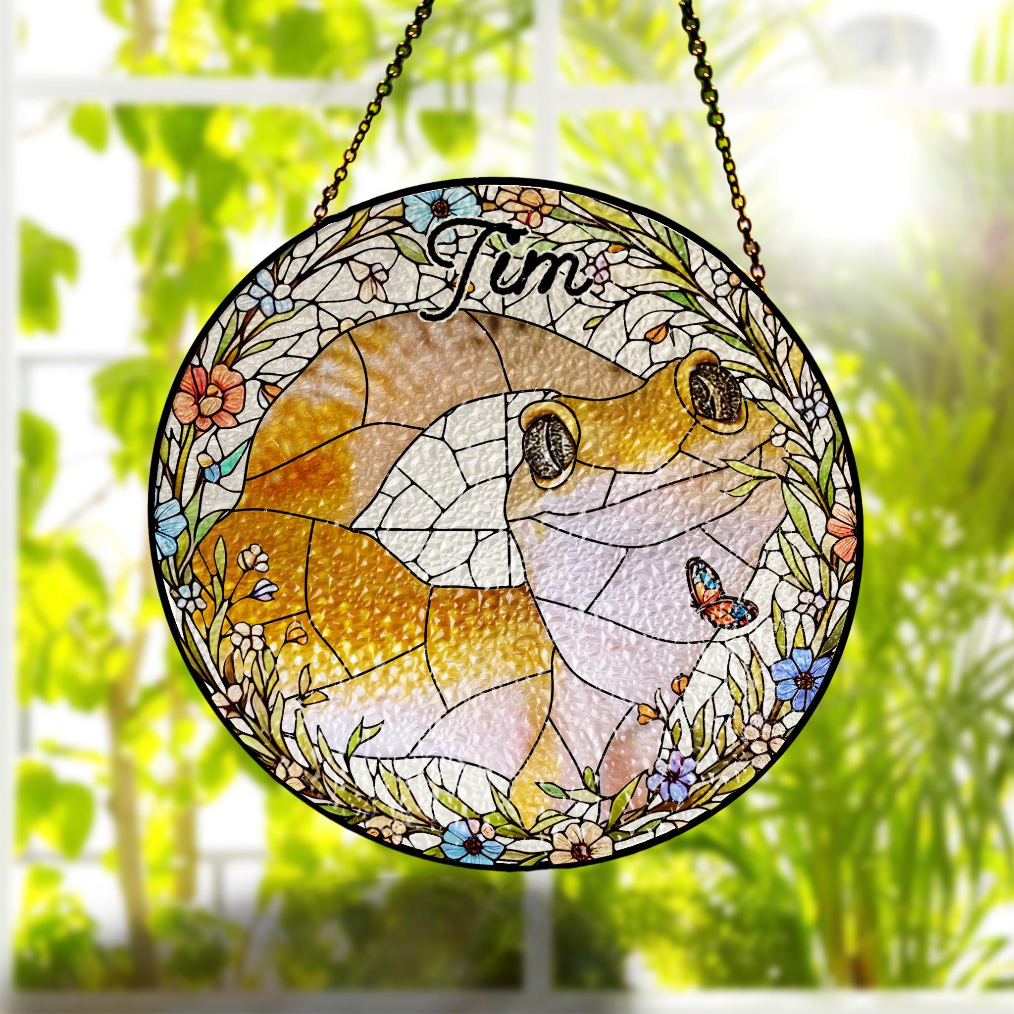 Personalized Bearded Dragon Lizard Wildflowers Portrait Glass Suncatcher, Glass Pet Memorial, Custom Pet Portrait from Photo, Sympathy Gifts