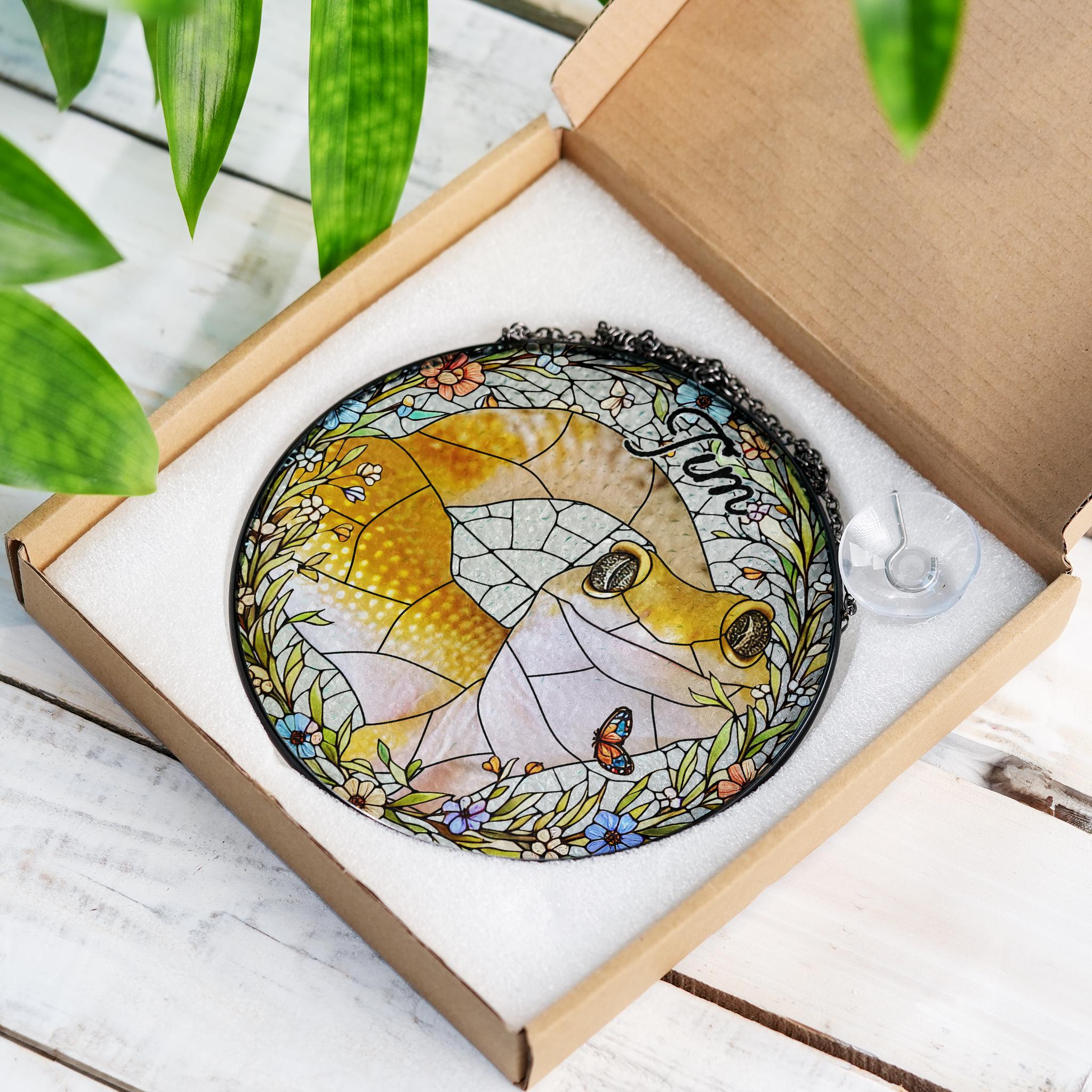 Personalized Bearded Dragon Lizard Wildflowers Portrait Glass Suncatcher, Glass Pet Memorial, Custom Pet Portrait from Photo, Sympathy Gifts