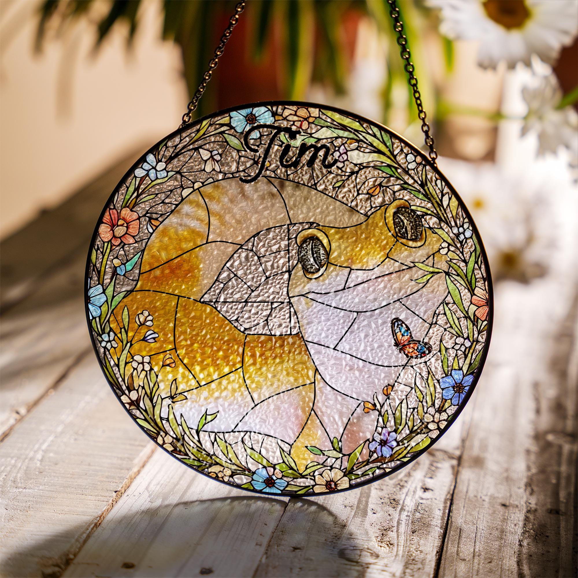 Personalized Bearded Dragon Lizard Wildflowers Portrait Glass Suncatcher, Glass Pet Memorial, Custom Pet Portrait from Photo, Sympathy Gifts
