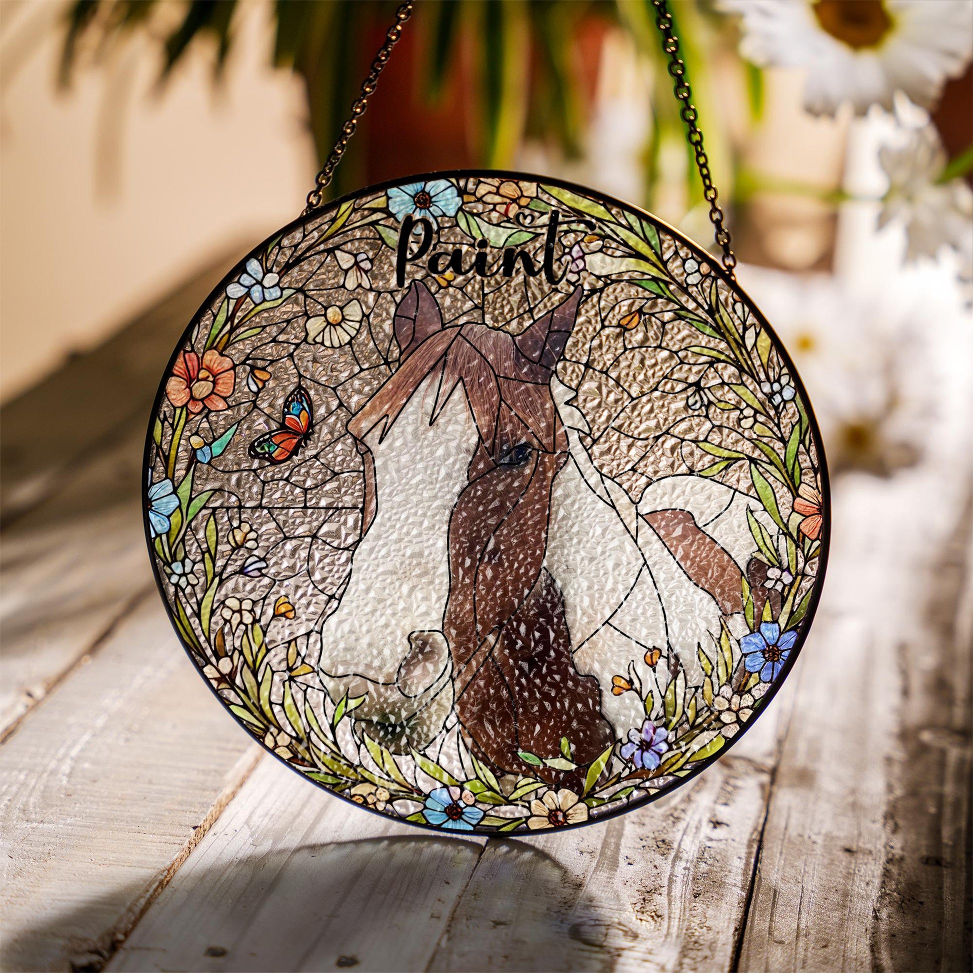 Personalized Phot Horse Wildflowers Portrait Glass Suncatcher, Glass Pet Memorial, Custom Pet Portrait from Photo, Sympathy Gifts