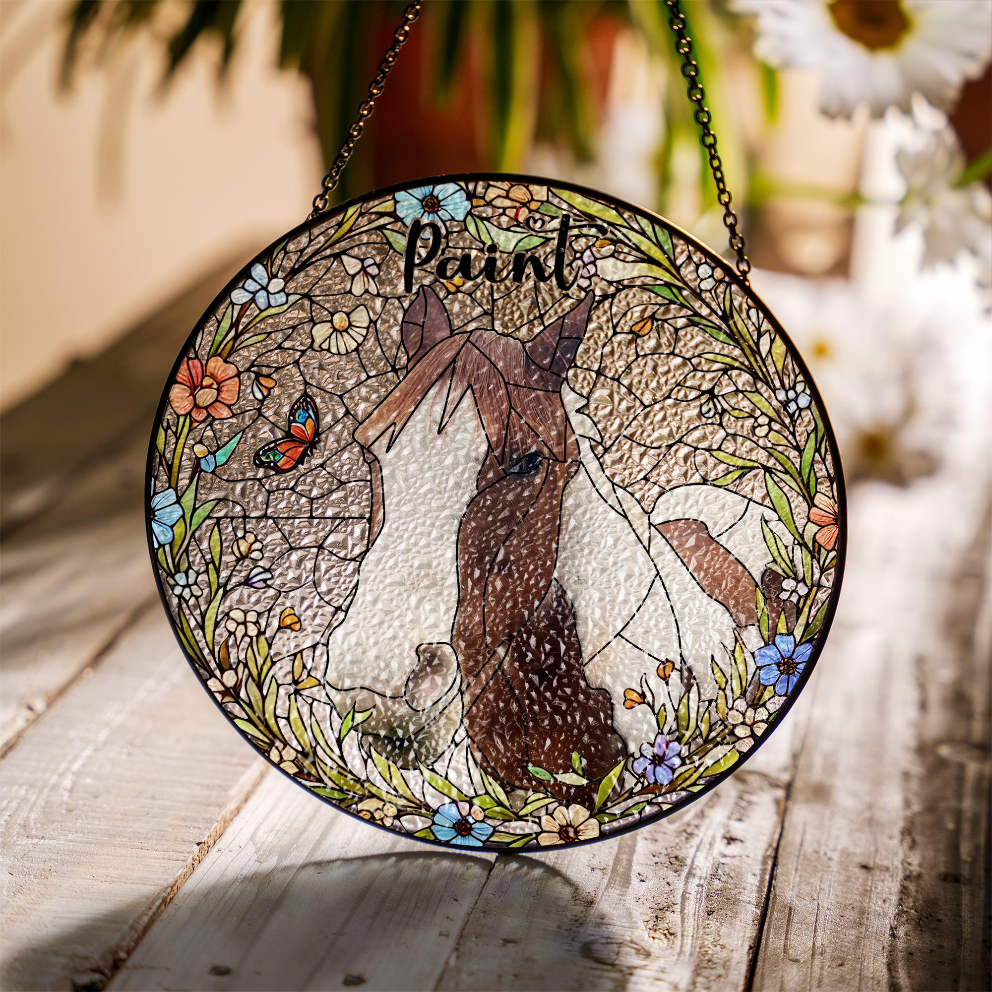 Personalized Phot Horse Wildflowers Portrait Glass Suncatcher, Glass Pet Memorial, Custom Pet Portrait from Photo, Sympathy Gifts