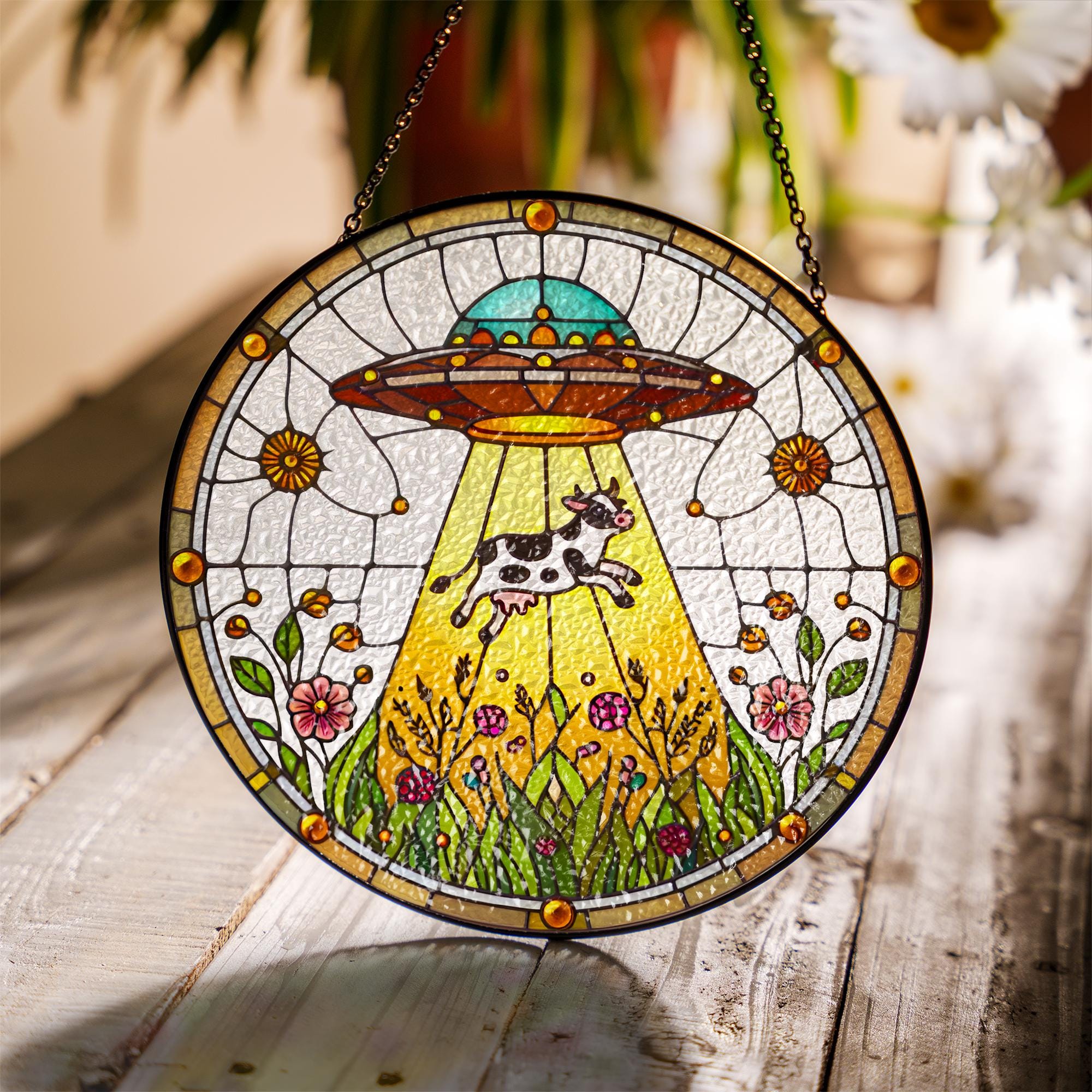 Funny Ufo Abducted Cow glass hanging, Funny ufo wildflower suncatcher, Funny cow meme, farmhouse decor, quirky home decoration