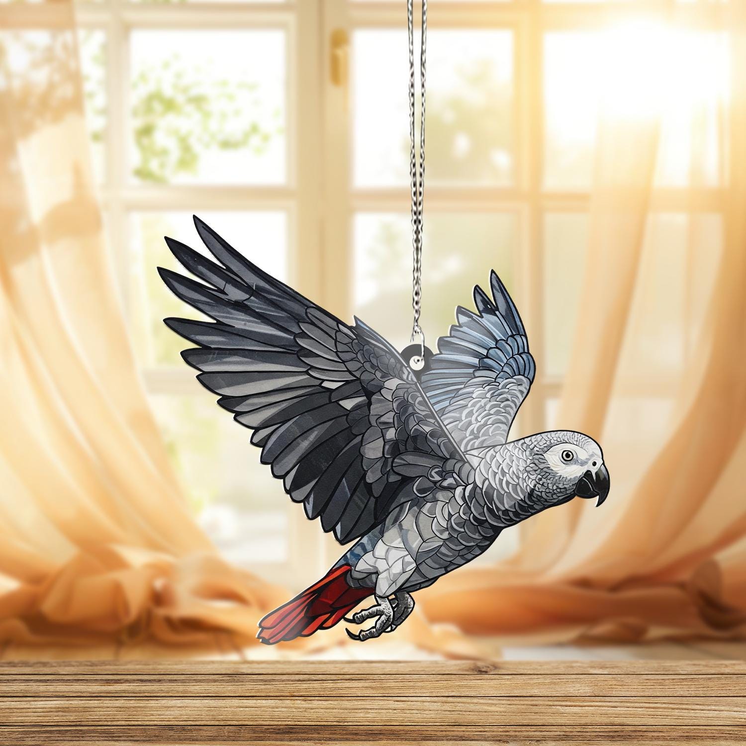 Charming Flying African Grey Parrot ACRYLIC Window Hanging, Grey Parrot Lover Decor, Grey Parrot Gift, Bird Widnow Hanging, Bird Lover Gift