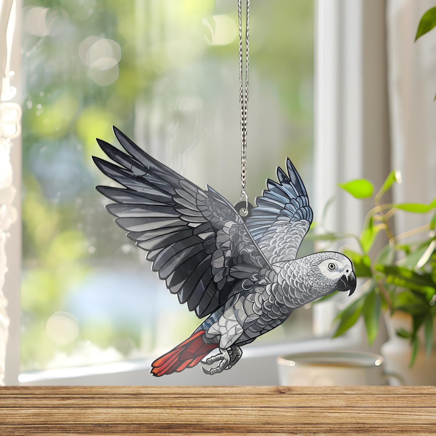 Charming Flying African Grey Parrot ACRYLIC Window Hanging, Grey Parrot Lover Decor, Grey Parrot Gift, Bird Widnow Hanging, Bird Lover Gift