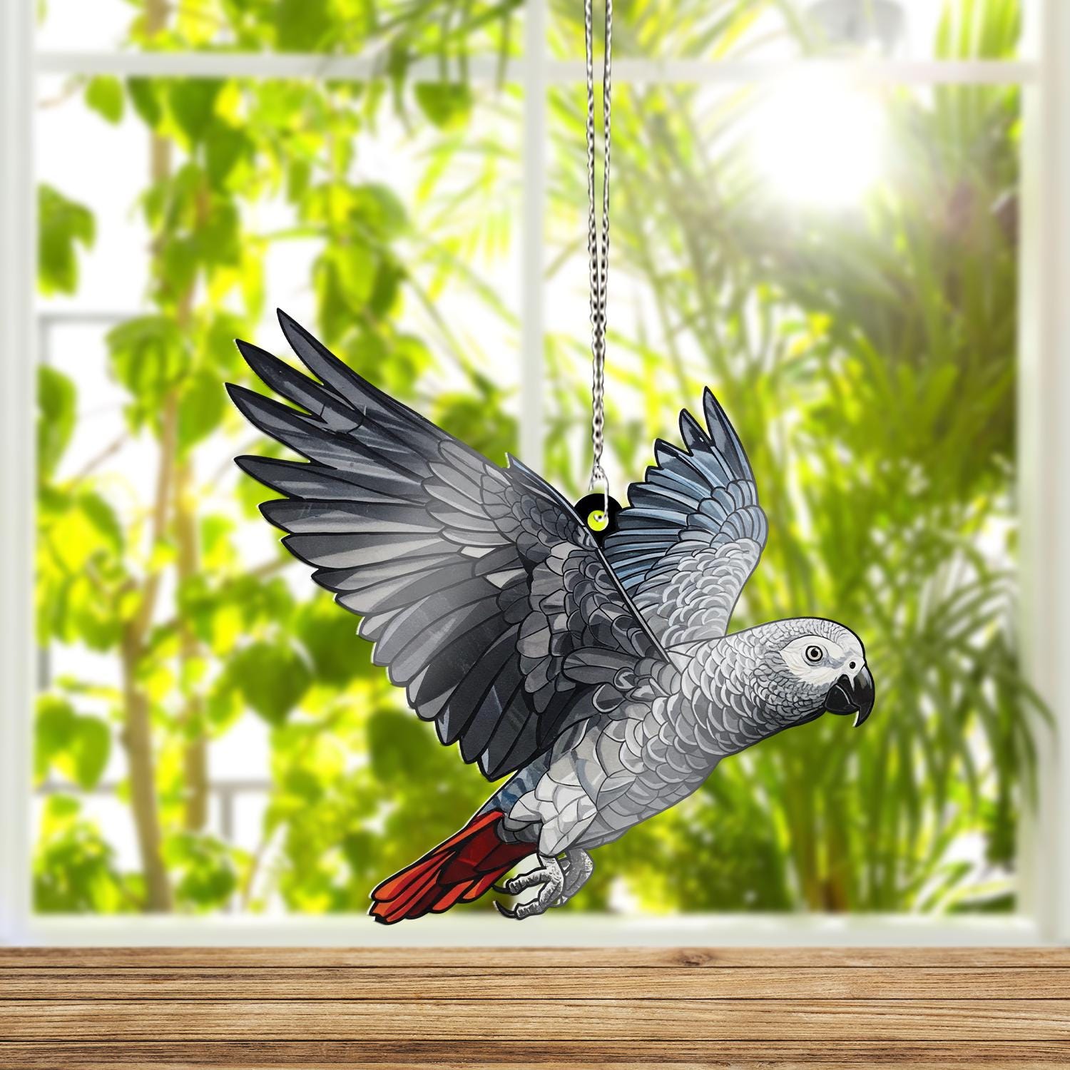 Charming Flying African Grey Parrot ACRYLIC Window Hanging, Grey Parrot Lover Decor, Grey Parrot Gift, Bird Widnow Hanging, Bird Lover Gift