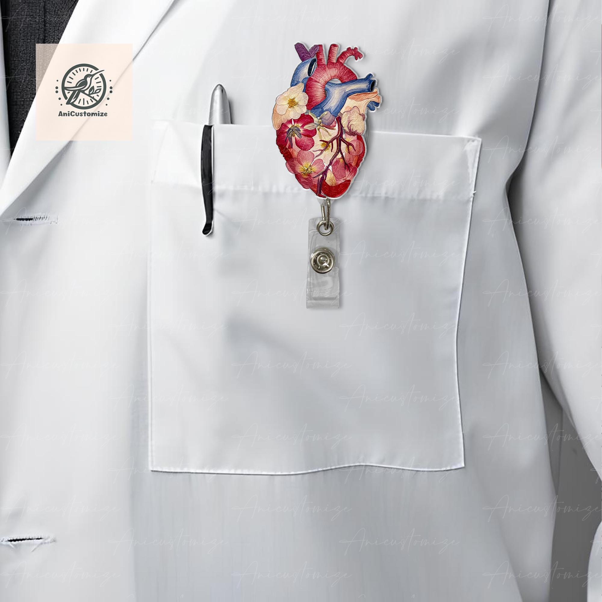Floral Anatomical Heart Acrylic Badge Reel, Heart Doctor Gift, Heart Surgeon Gift, Cardiologist Gift Idea, Medical Gift, Cardiac Nurse Gift