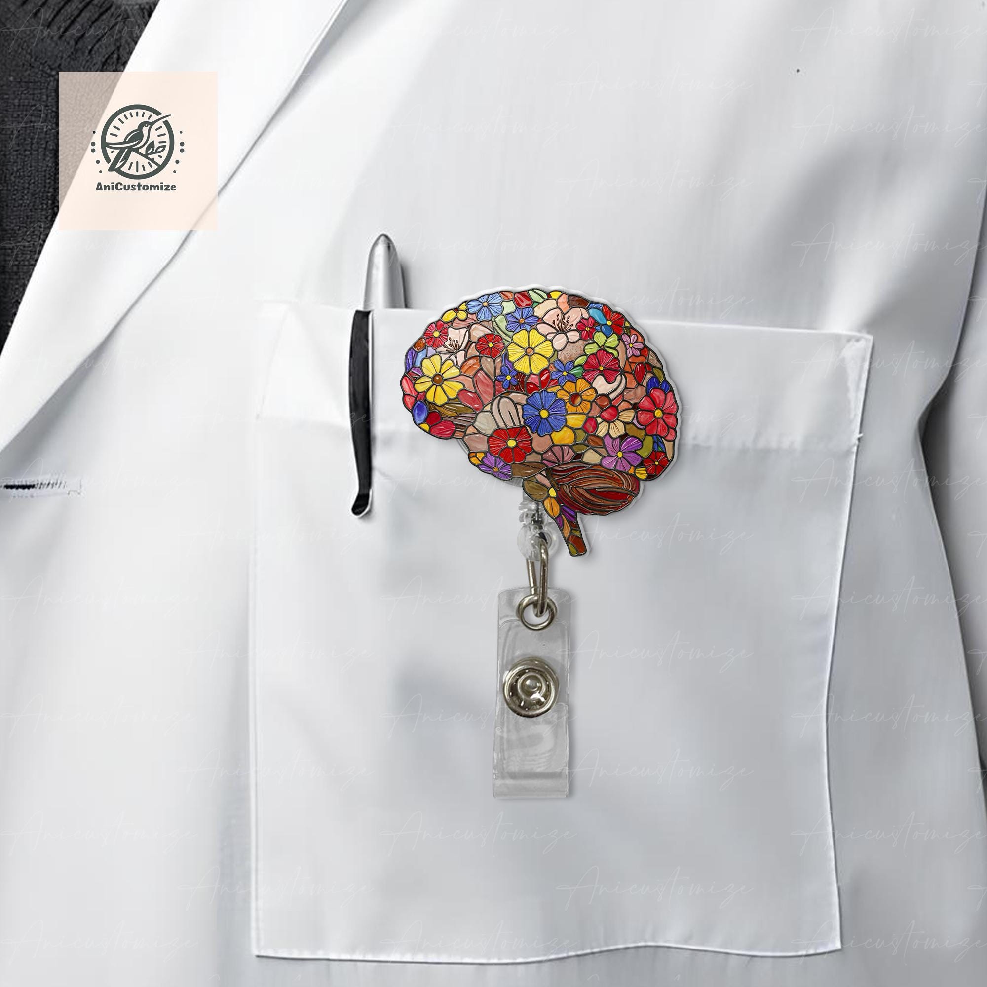 Floral Brain Faux Stain Glass Badge Reel, Brain Anatomy Badge Reel, Neurosurgeon Gift, Neurology Nurse Crew Gift, Anatomical Mind ID Holder