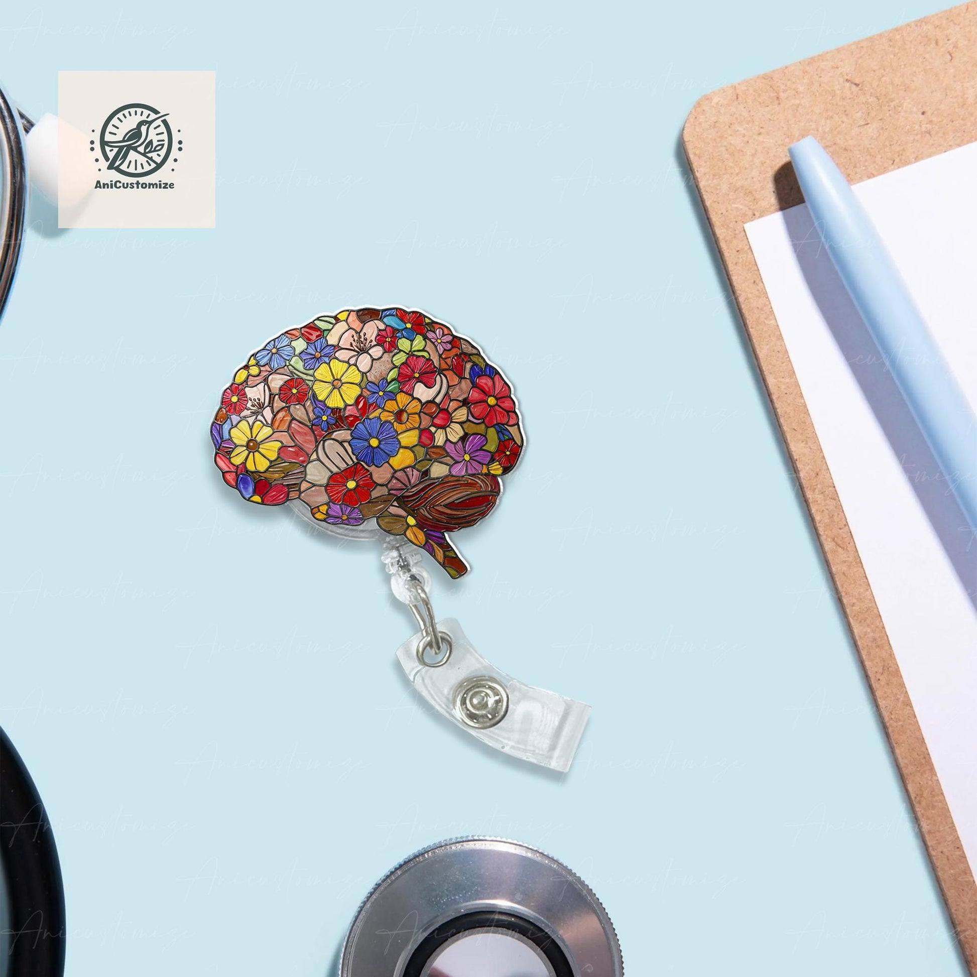 Floral Brain Faux Stain Glass Badge Reel, Brain Anatomy Badge Reel, Neurosurgeon Gift, Neurology Nurse Crew Gift, Anatomical Mind ID Holder