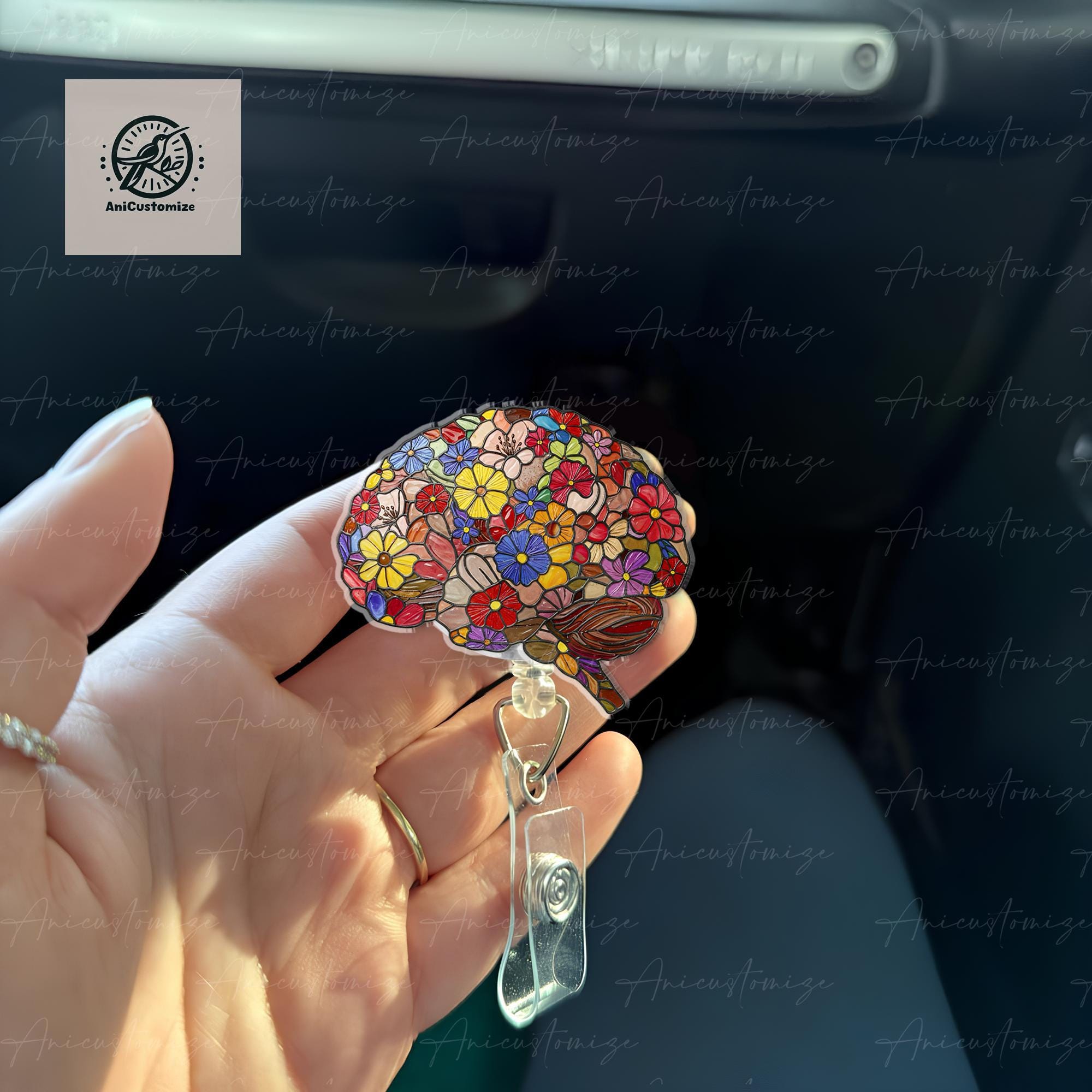 Floral Brain Faux Stain Glass Badge Reel, Brain Anatomy Badge Reel, Neurosurgeon Gift, Neurology Nurse Crew Gift, Anatomical Mind ID Holder