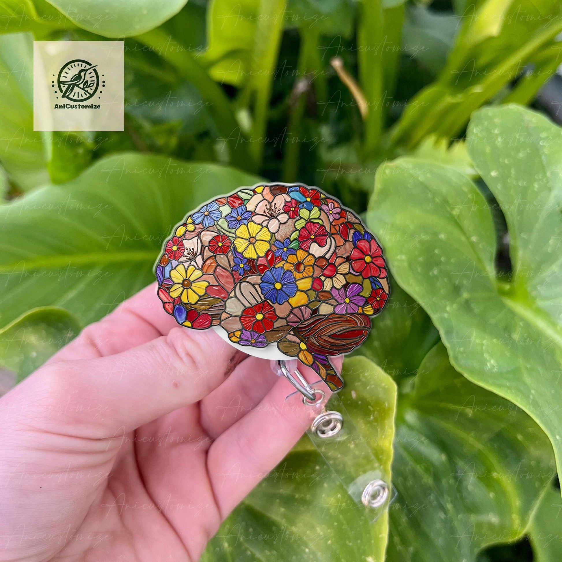 Floral Brain Faux Stain Glass Badge Reel, Brain Anatomy Badge Reel, Neurosurgeon Gift, Neurology Nurse Crew Gift, Anatomical Mind ID Holder