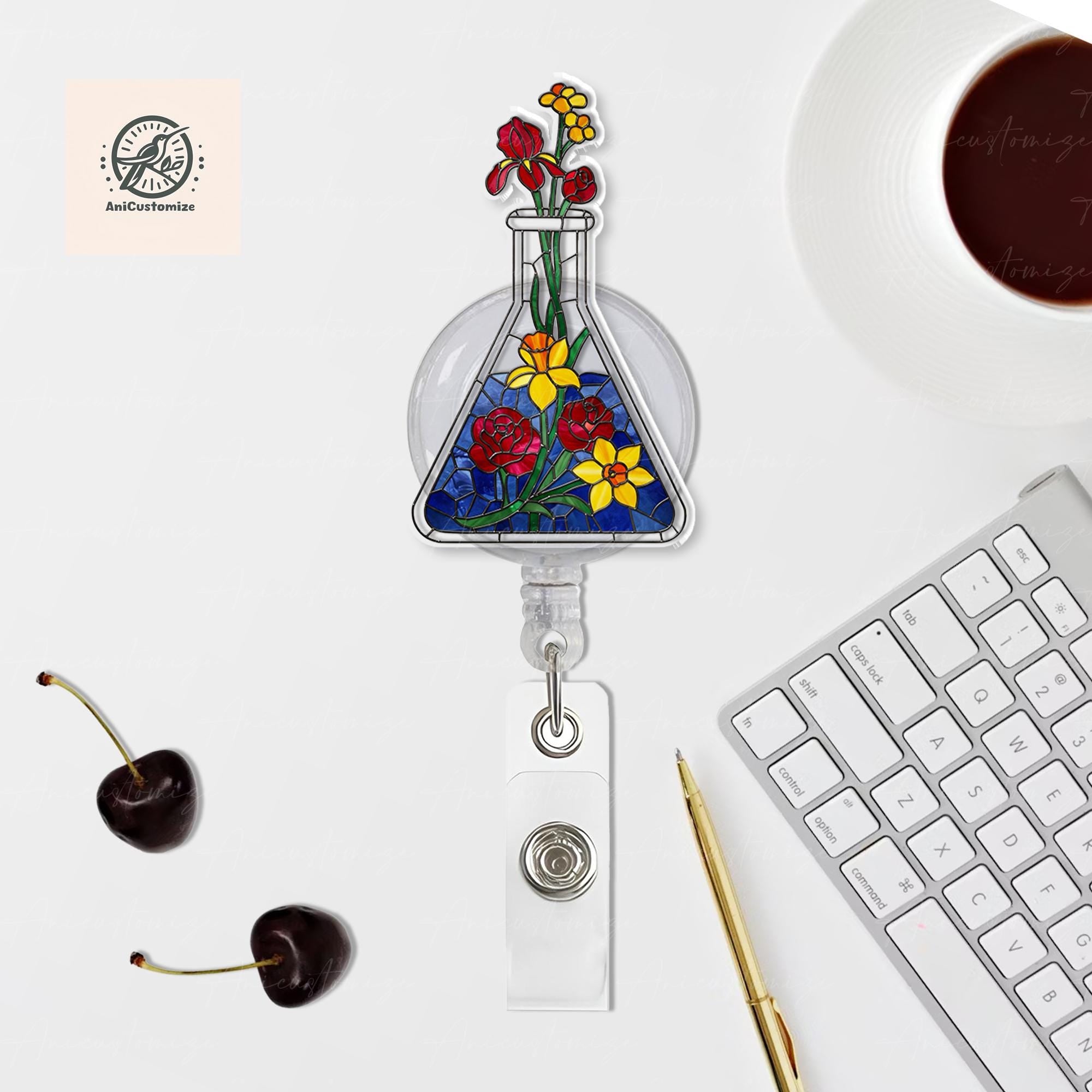 Floral Flask Faux Stain Glass Badge Reel, Chemistry Lover Badge Reel, Scientist Gift, Science Lover, Science Teacher Gift, Teacher Id Holder