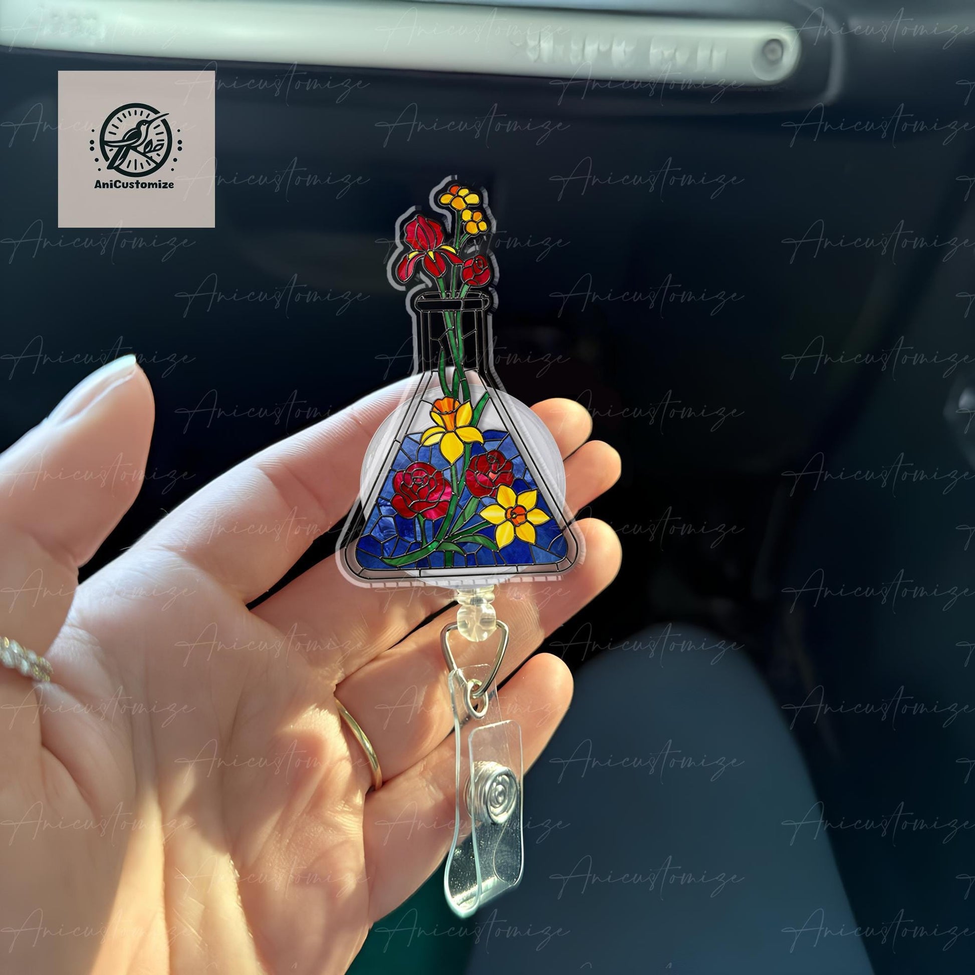 Floral Flask Faux Stain Glass Badge Reel, Chemistry Lover Badge Reel, Scientist Gift, Science Lover, Science Teacher Gift, Teacher Id Holder