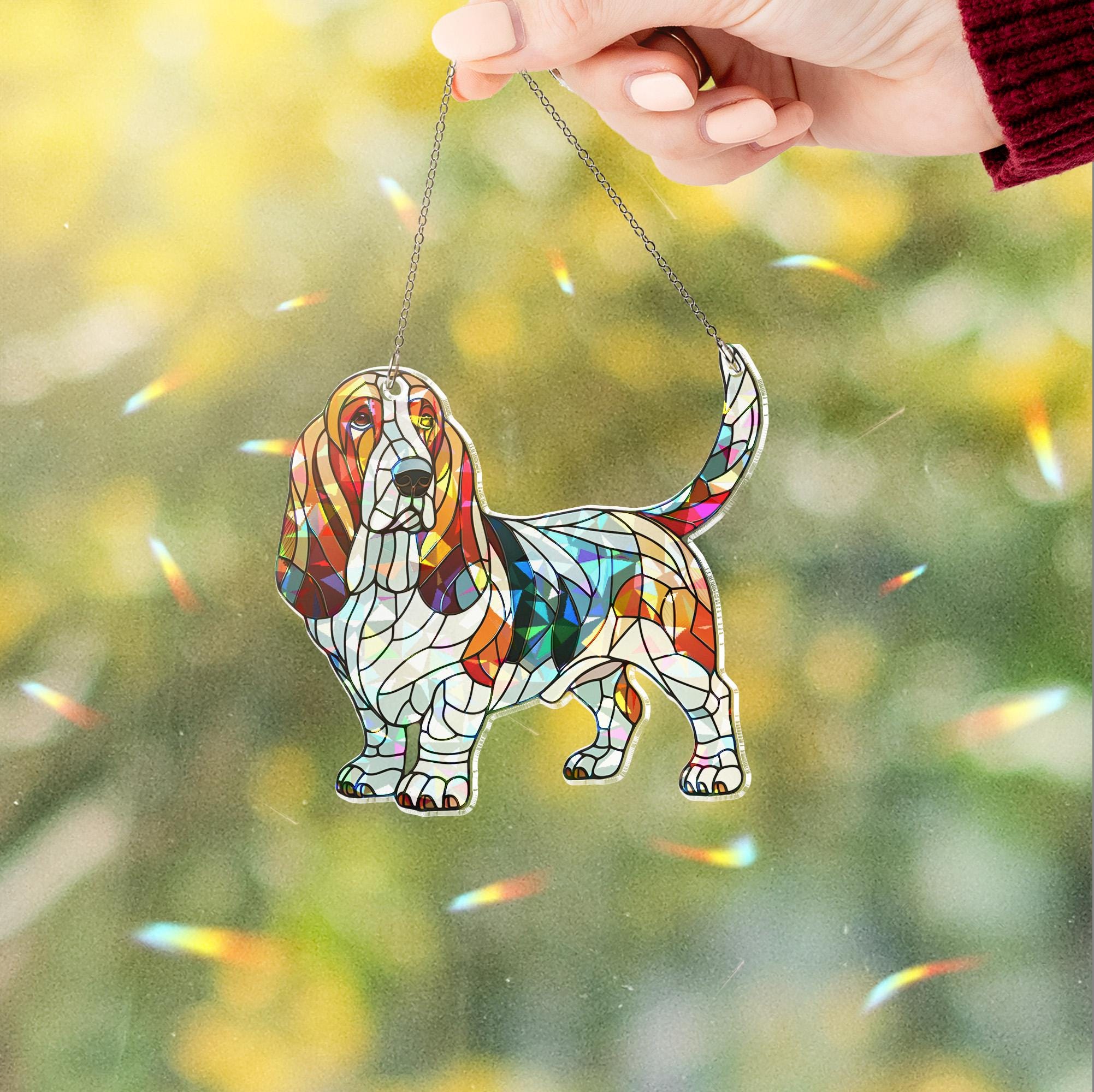 Hologram Basset Hound Acrylic Window hanging,  suncatcher hologram window decor, Basset hound dog mom gift, memorial gift