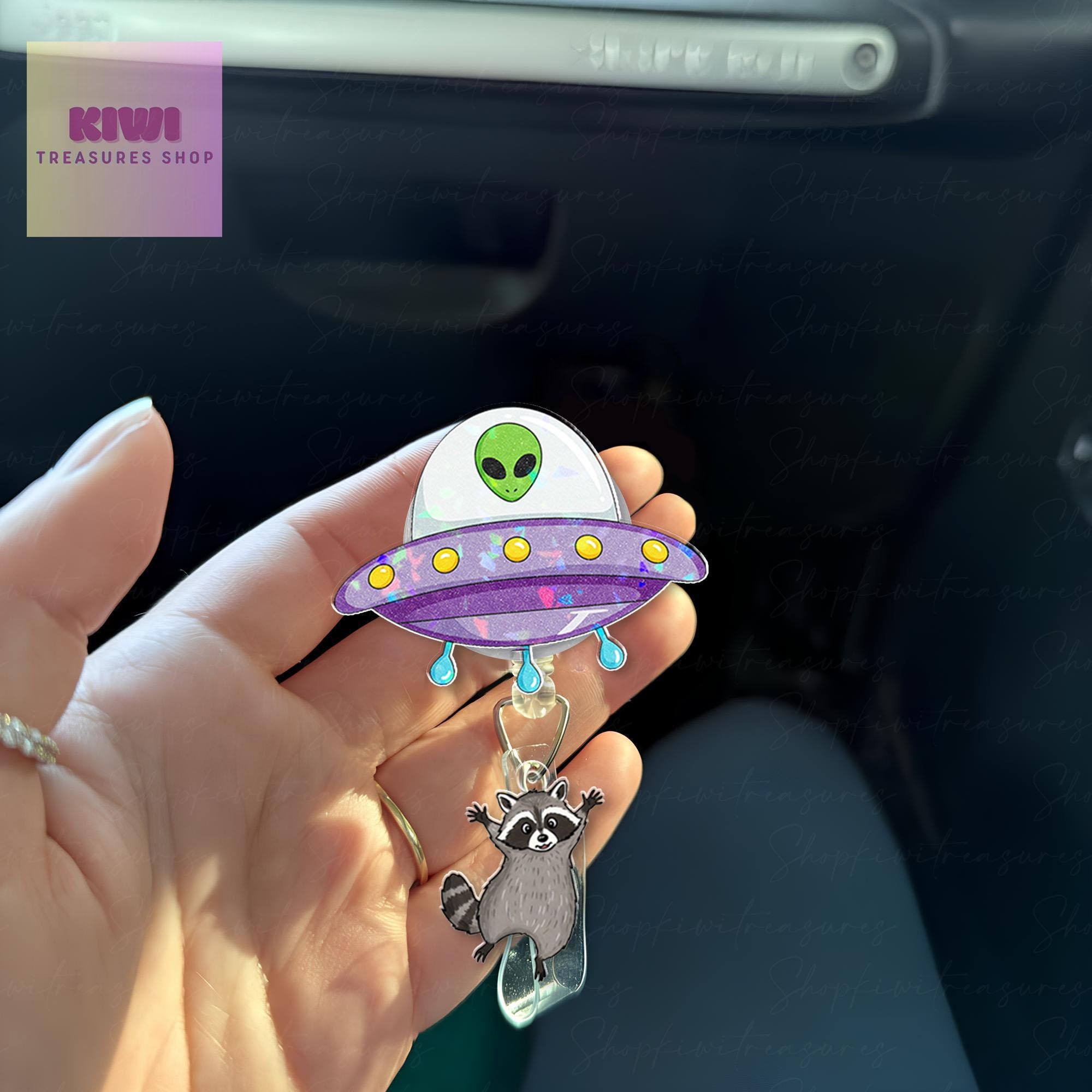 Funny Ufo abduction raccoon badge reel, Funny Ufo alien badge reel, nurse id Holder, nurse accessories, Trash panda meme