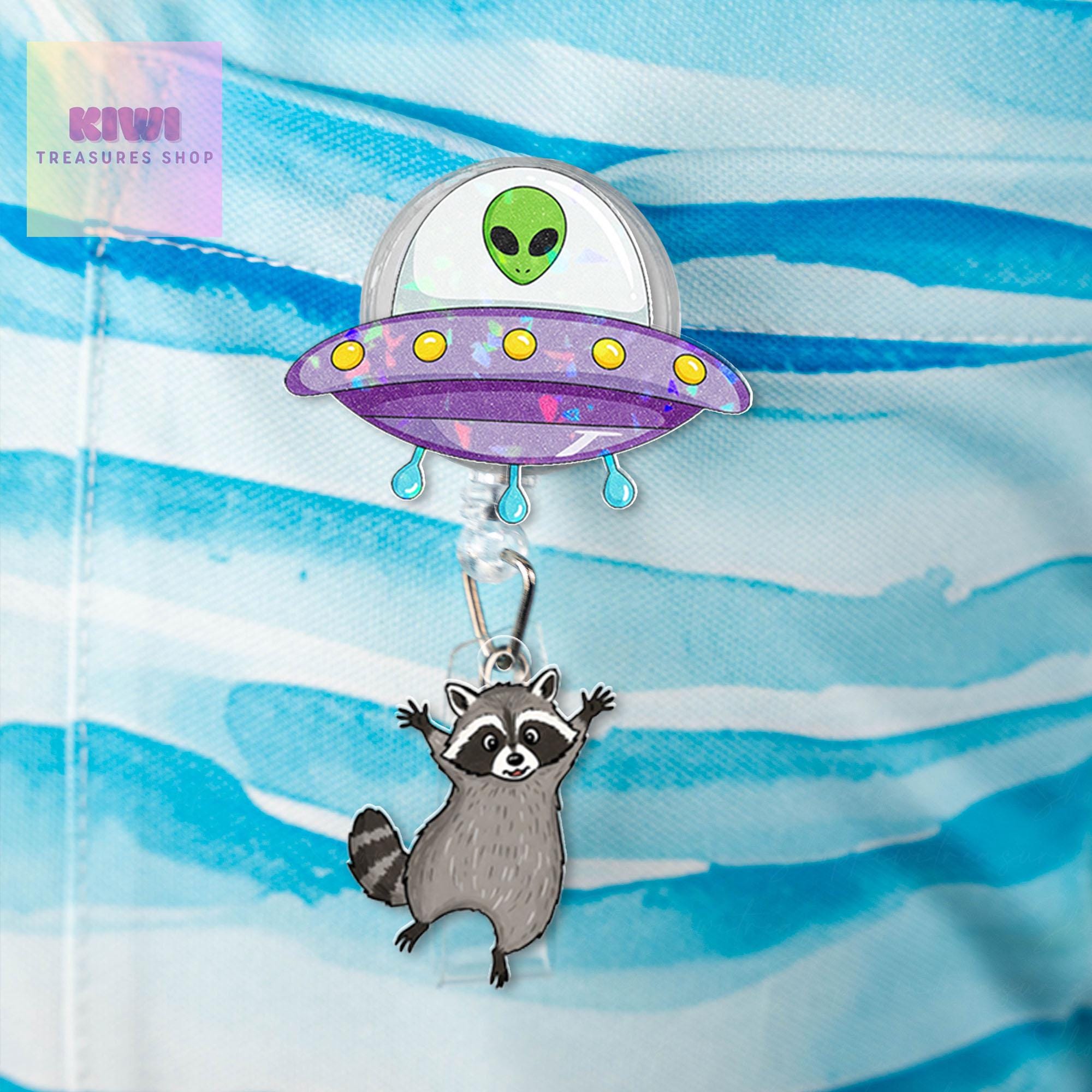 Funny Ufo abduction raccoon badge reel, Funny Ufo alien badge reel, nurse id Holder, nurse accessories, Trash panda meme