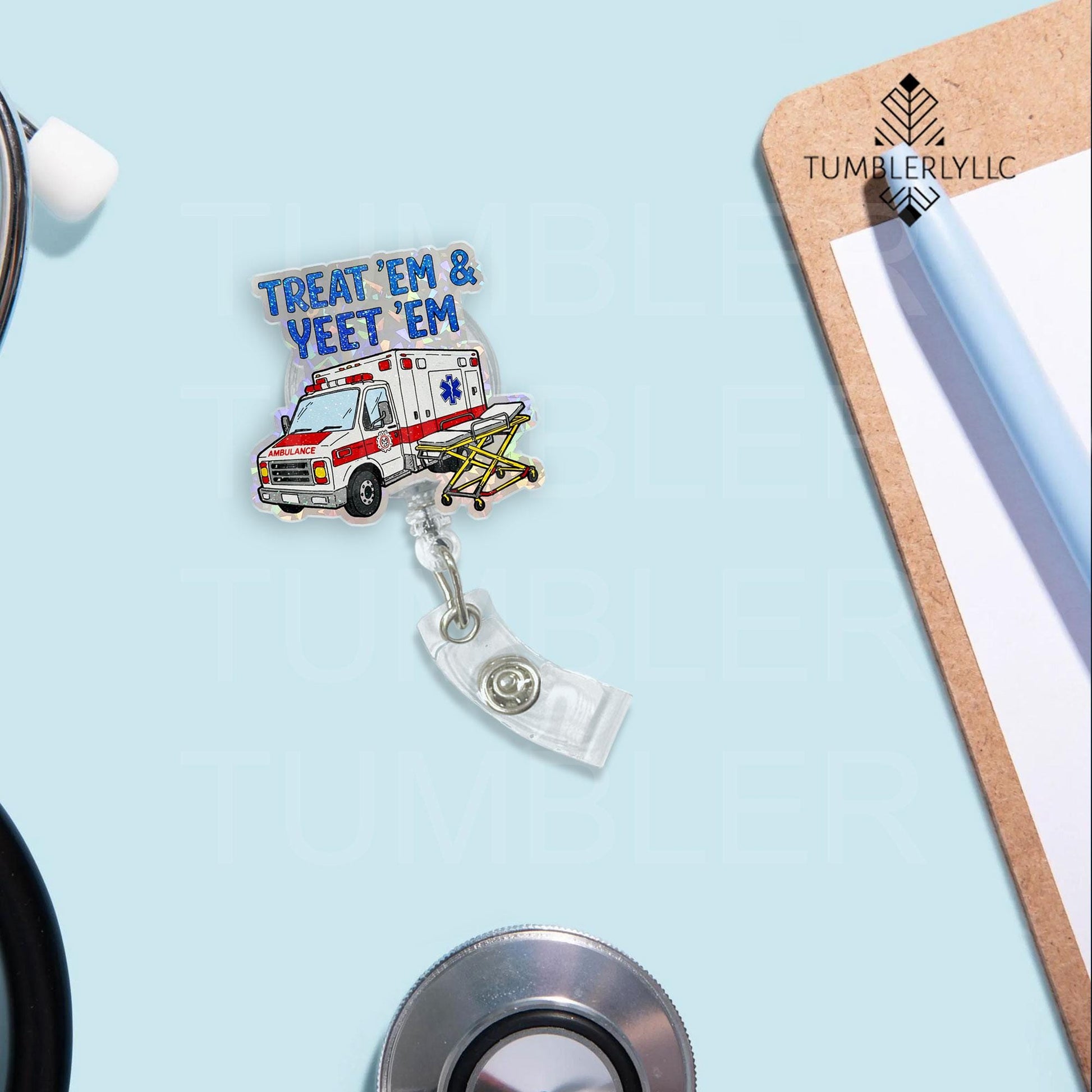 Treat 'Em And Yeet 'Em badge reel, funny paramedic pun ID holder for nurse accessories, gift for EMS professionals, ambulance paramedic