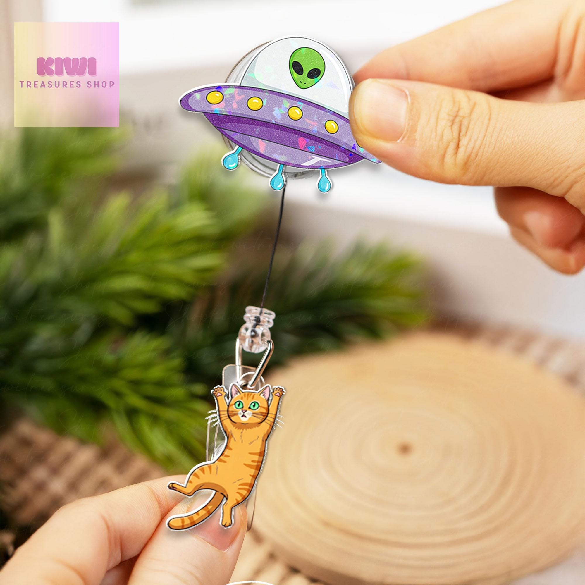 Funny Ufo abduction orange cat badge reel, Funny Ufo alien badge reel, nurse id Holder, nurse accessories, cat mom gift