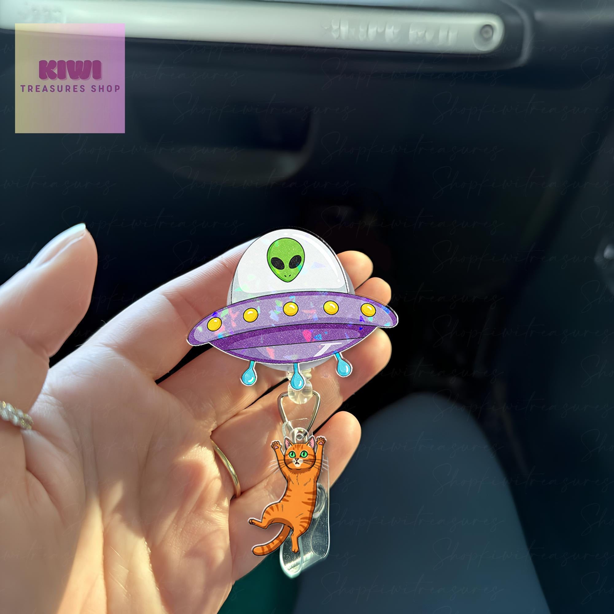 Funny Ufo abduction orange cat badge reel, Funny Ufo alien badge reel, nurse id Holder, nurse accessories, cat mom gift