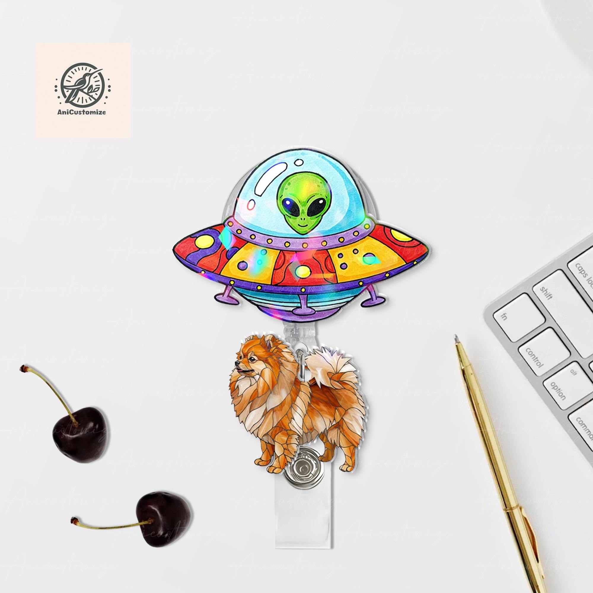 UFO Abduction Pomeranian Hologram Badge Reel, Spaceship Badge, RN Id Holder Gift, Pomeranian Lover Gift, Funny Nurse Gift, Co-worker Gift