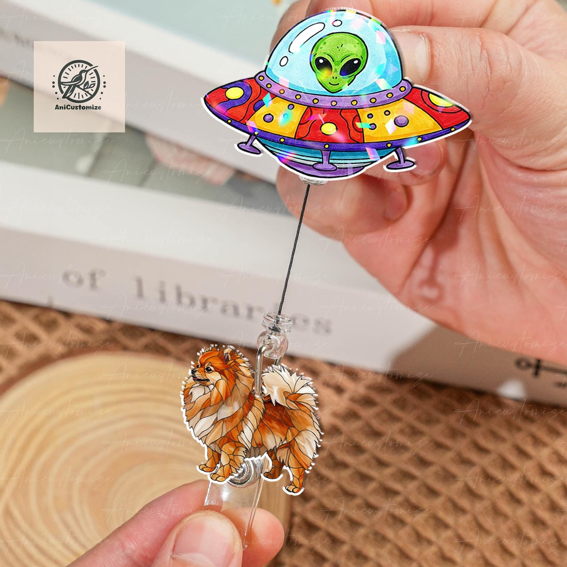 UFO Abduction Pomeranian Hologram Badge Reel, Spaceship Badge, RN Id Holder Gift, Pomeranian Lover Gift, Funny Nurse Gift, Co-worker Gift