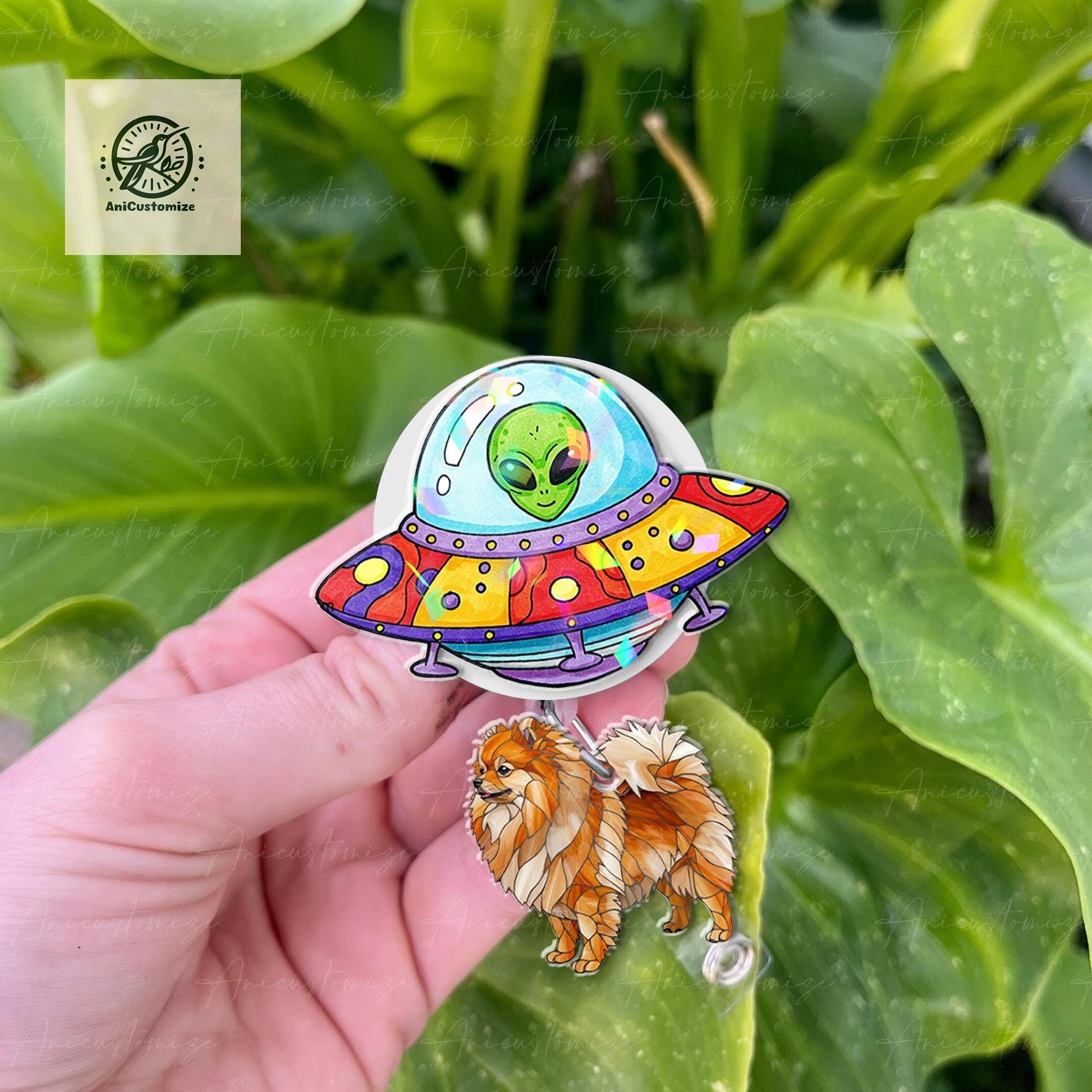 UFO Abduction Pomeranian Hologram Badge Reel, Spaceship Badge, RN Id Holder Gift, Pomeranian Lover Gift, Funny Nurse Gift, Co-worker Gift