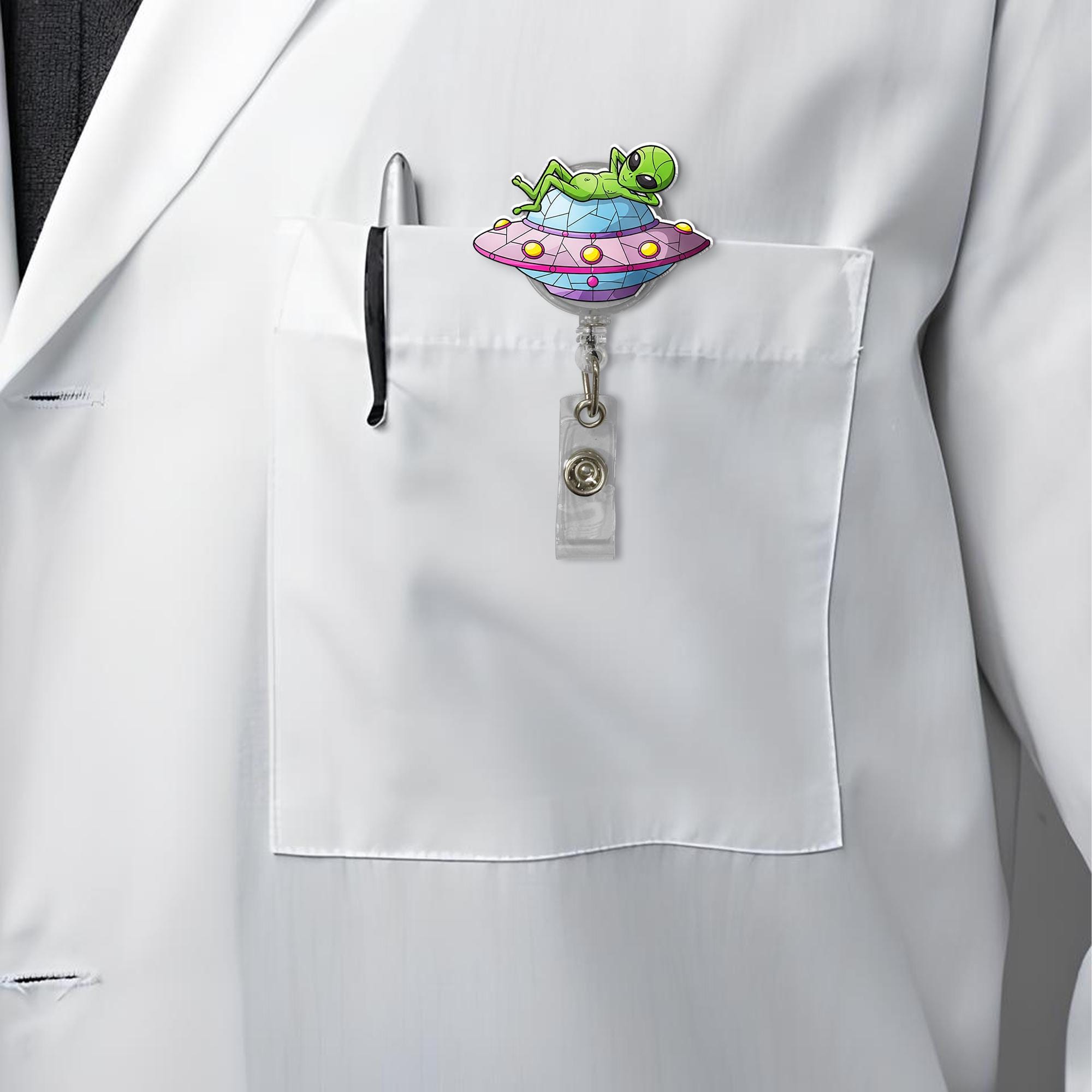 Funny Alien Chilling On Spaceship Badge Reel, Funny Spaceship, RN Id Holder Gift, Unique Gift, Gift For Nurse, Co-worker Gift, Alien Lover