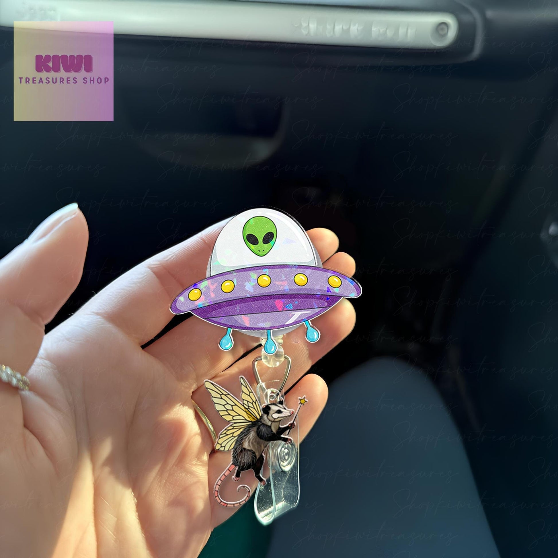 Funny Ufo abduction fairy opossum badge reel, Funny Ufo alien badge reel, nurse id Holder, nurse accessories, fairy godpossum
