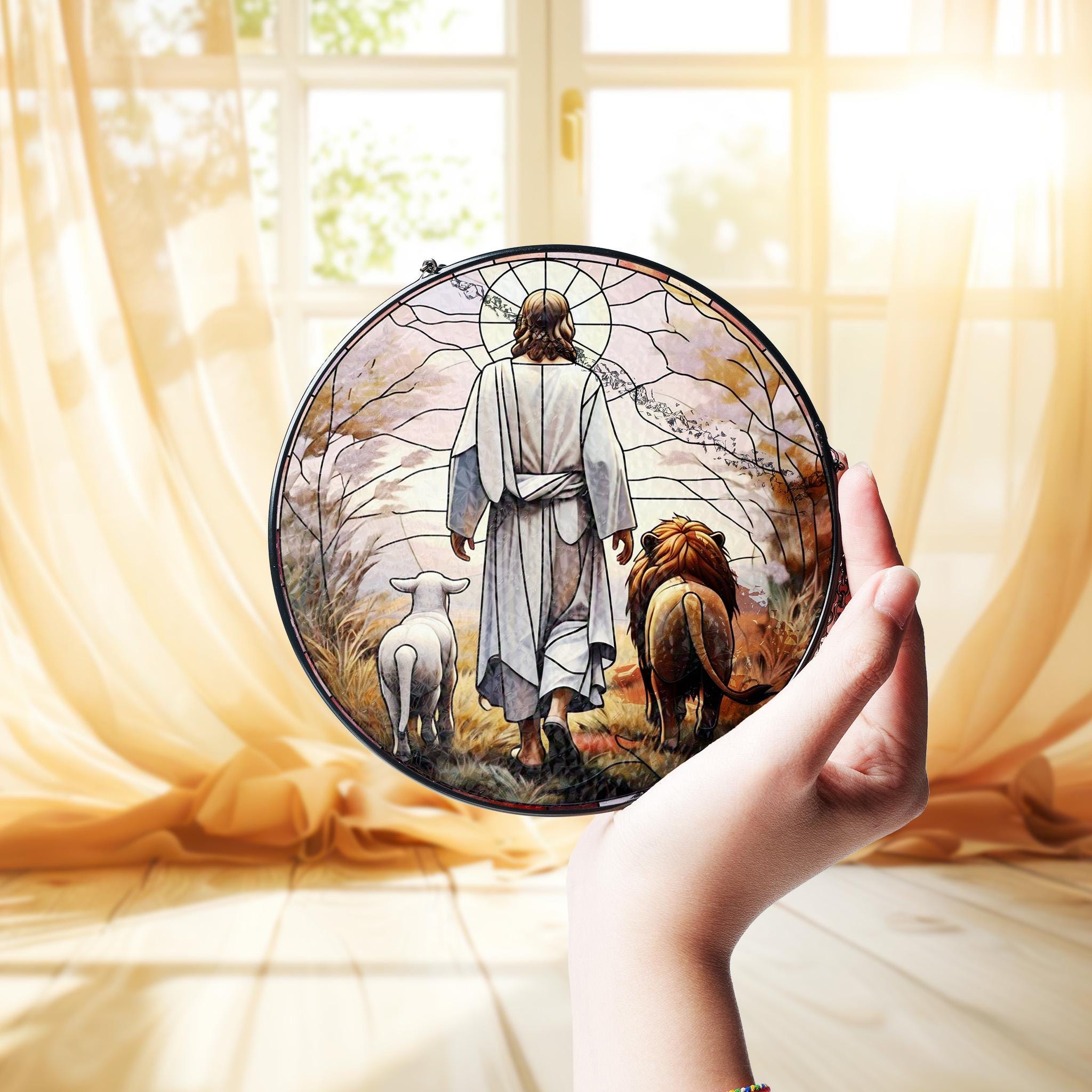 Jesus Lion and Lamb walking Glass Suncatcher, Lion and lamb, Christian Art Suncatcher, God Art Sign, Christian Gift, Catholic Glass hanging