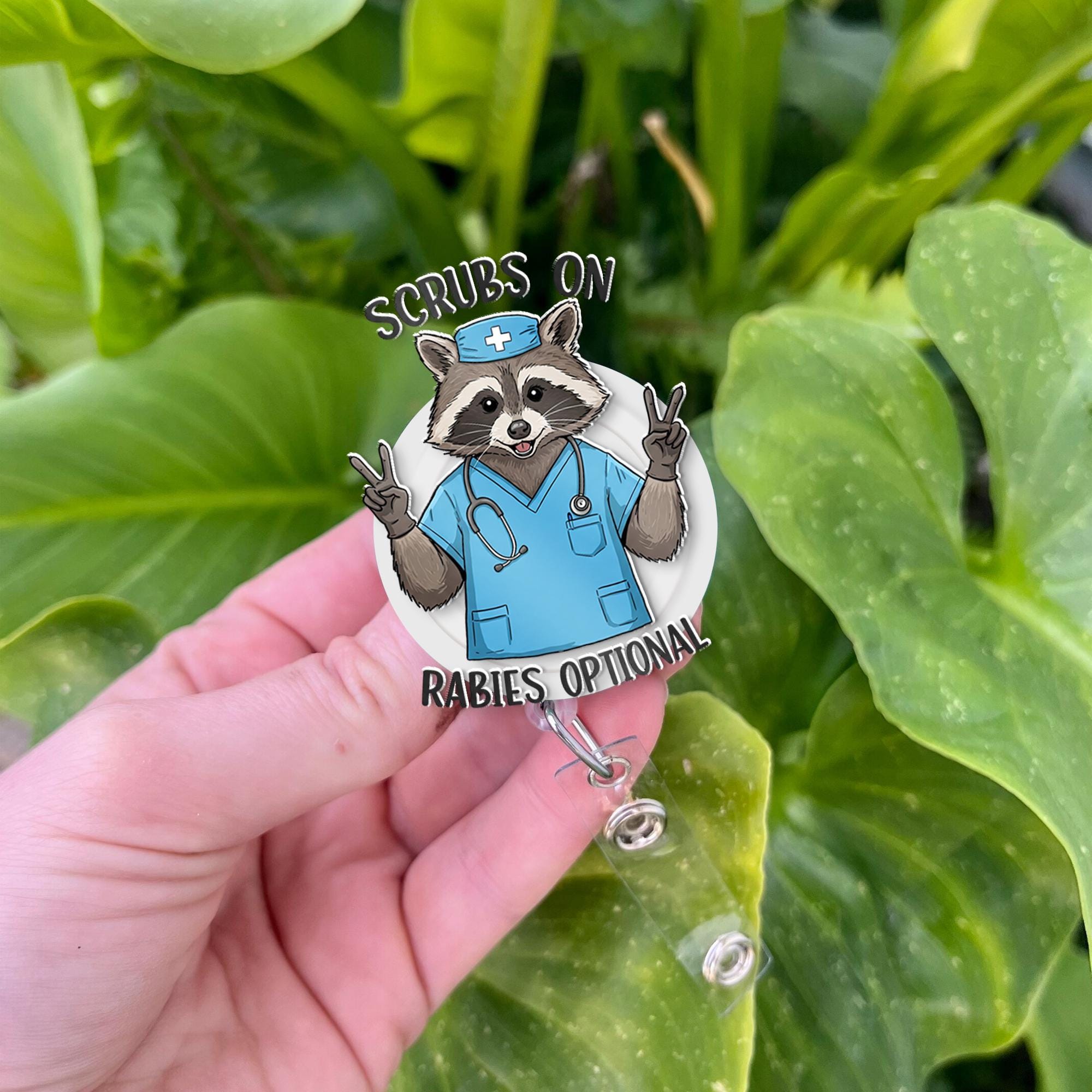 Scrubs On Rabies Optional Badge Reel, Funny Raccoon Nurse, RN ID Holder, Scrub Nurse Gift, Nurse Badge Reel, Funny Badge Reel, Funny Medical