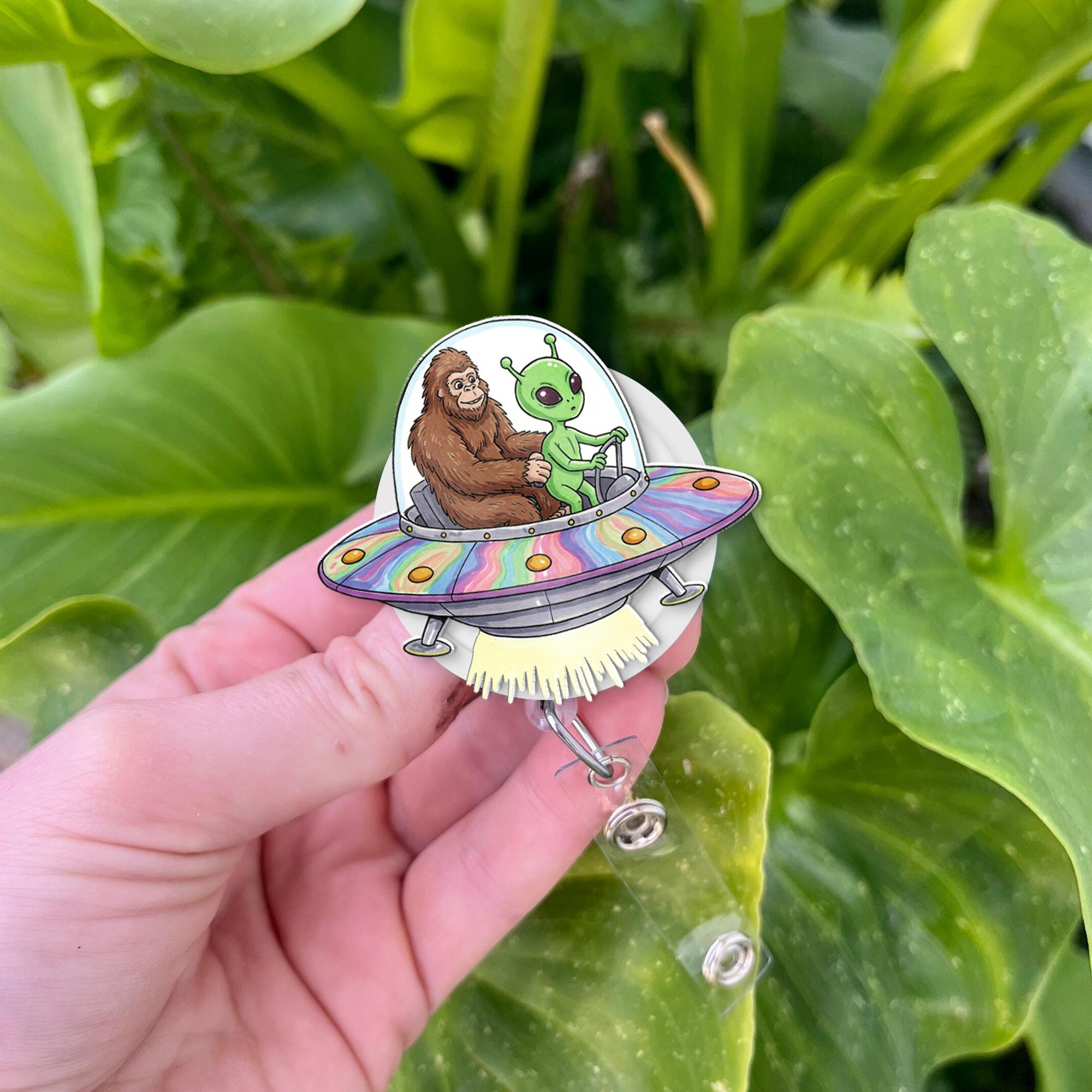 Sasquatch With Alien Driving Spaceship Badge Reel, Funny Bigfoot Badge, Funny Nurse Badge, RN Id Holder, Nurse Gift, Bigfoot Lover Gift