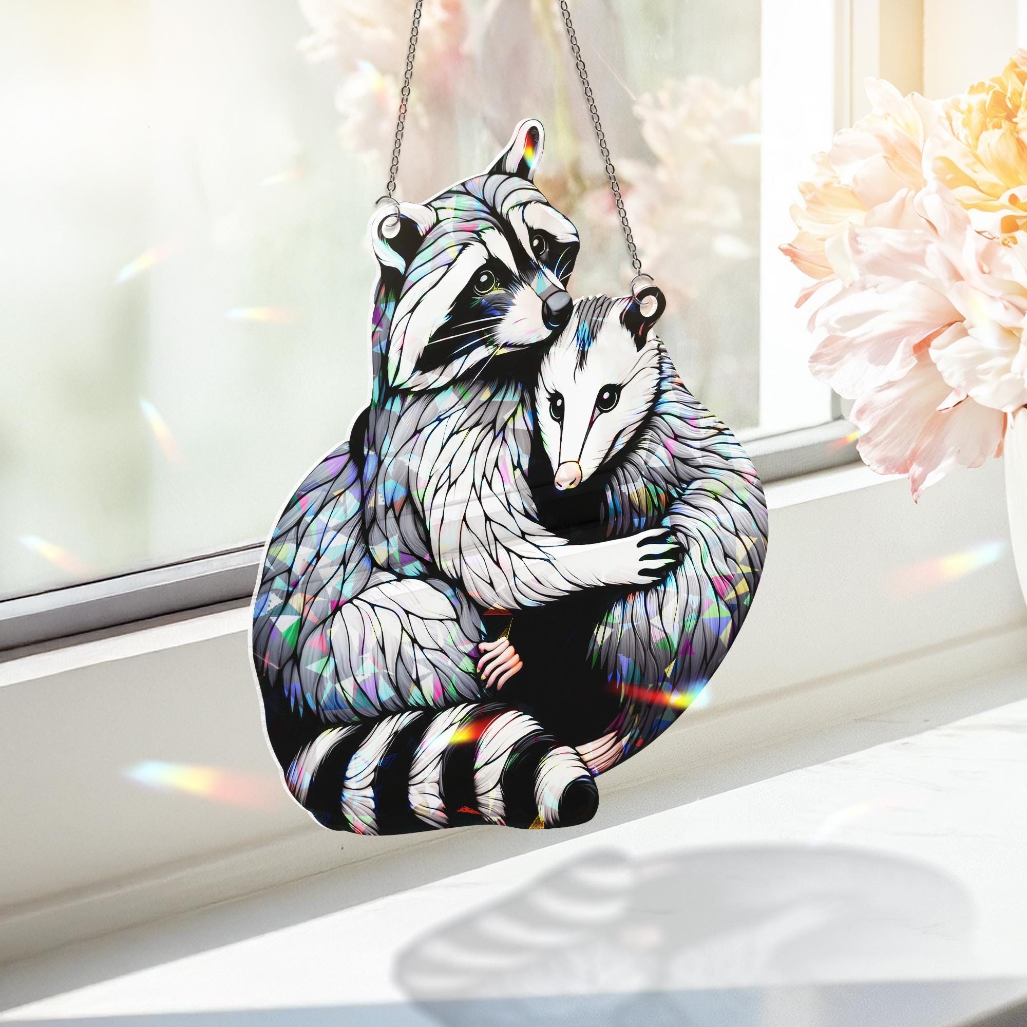 Raccoon Hugging Opossum Hologram Acrylic Window Hanging, Funny Bestie Gift, Trash Panda Team Suncatcher for Home Decor
