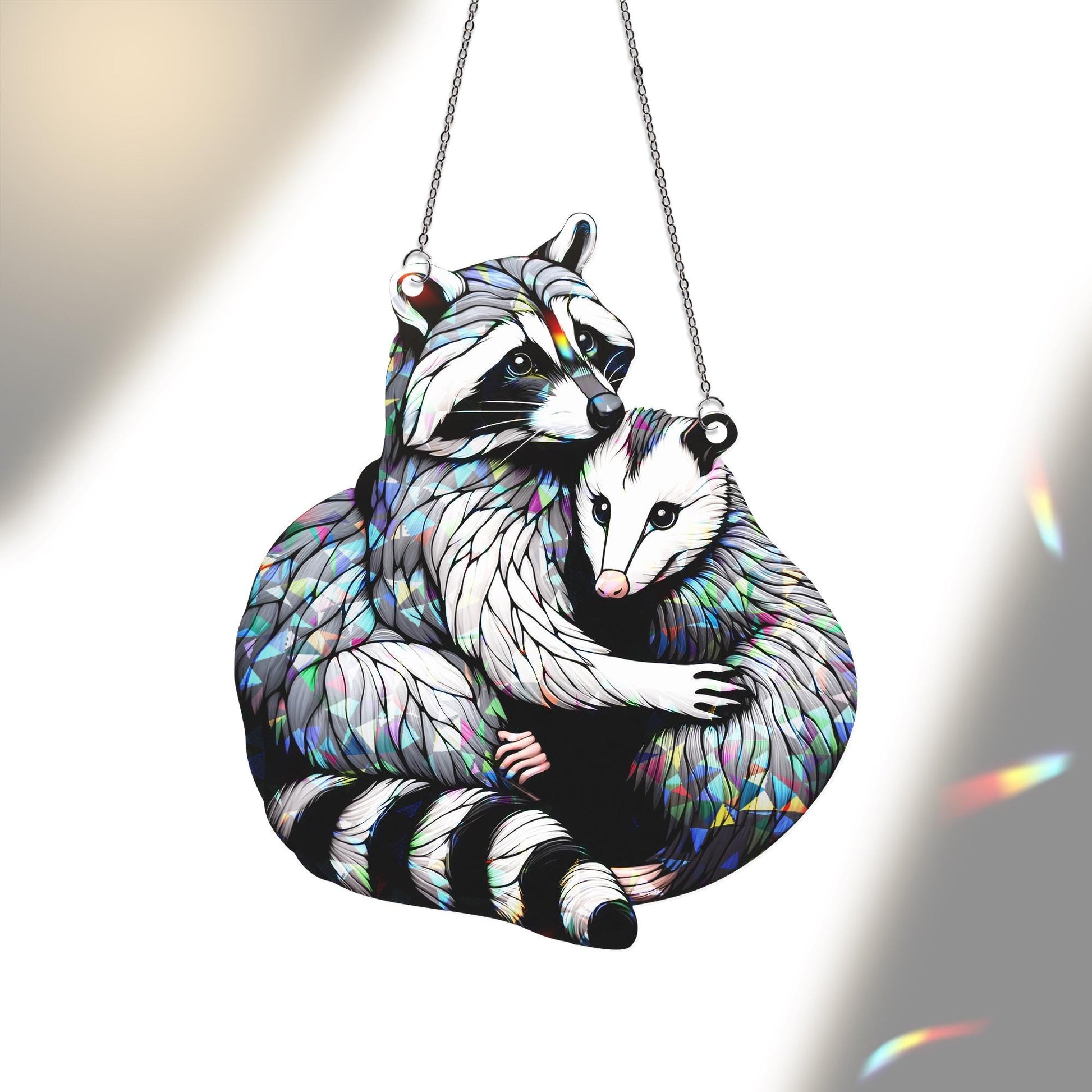 Raccoon Hugging Opossum Hologram Acrylic Window Hanging, Funny Bestie Gift, Trash Panda Team Suncatcher for Home Decor