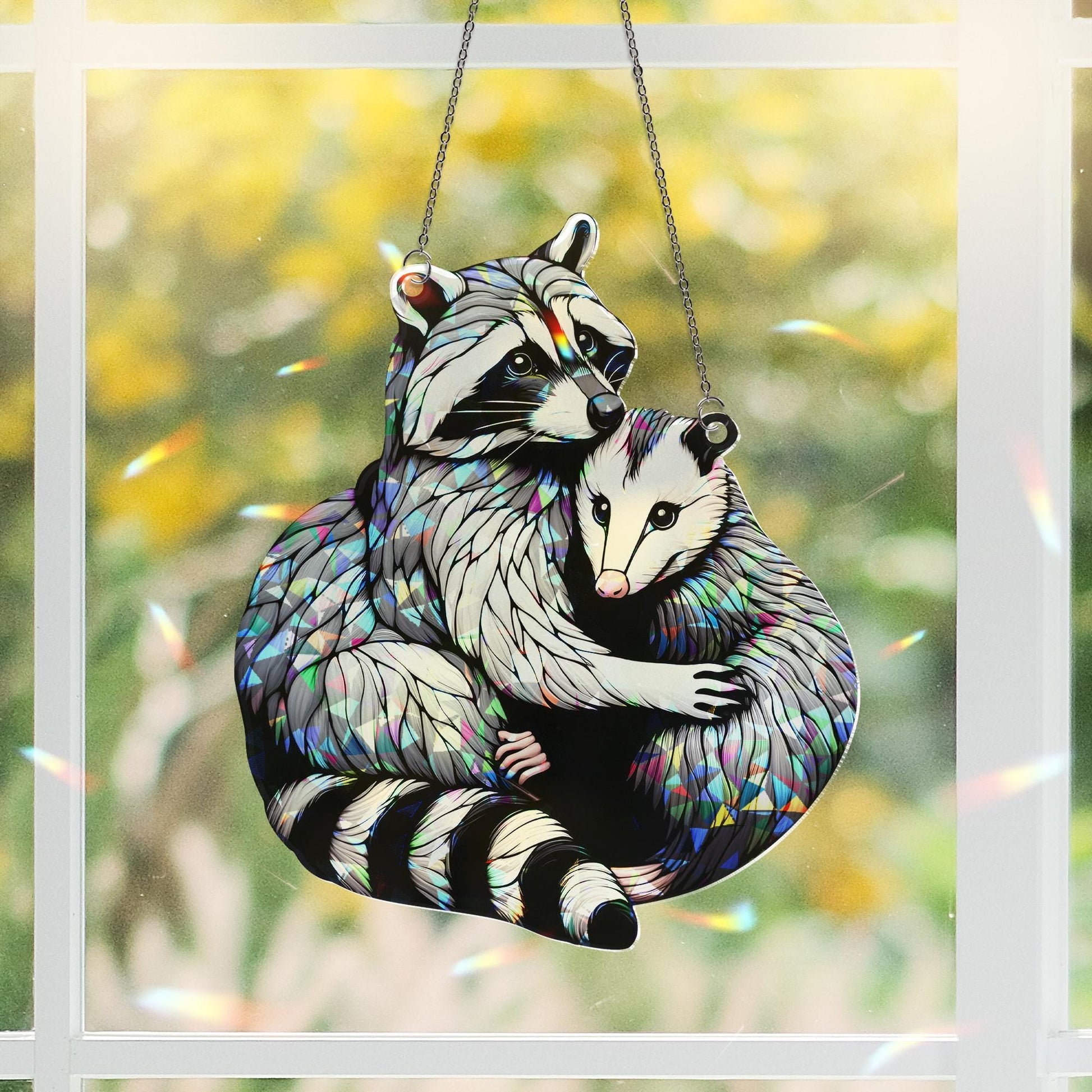 Raccoon Hugging Opossum Hologram Acrylic Window Hanging, Funny Bestie Gift, Trash Panda Team Suncatcher for Home Decor
