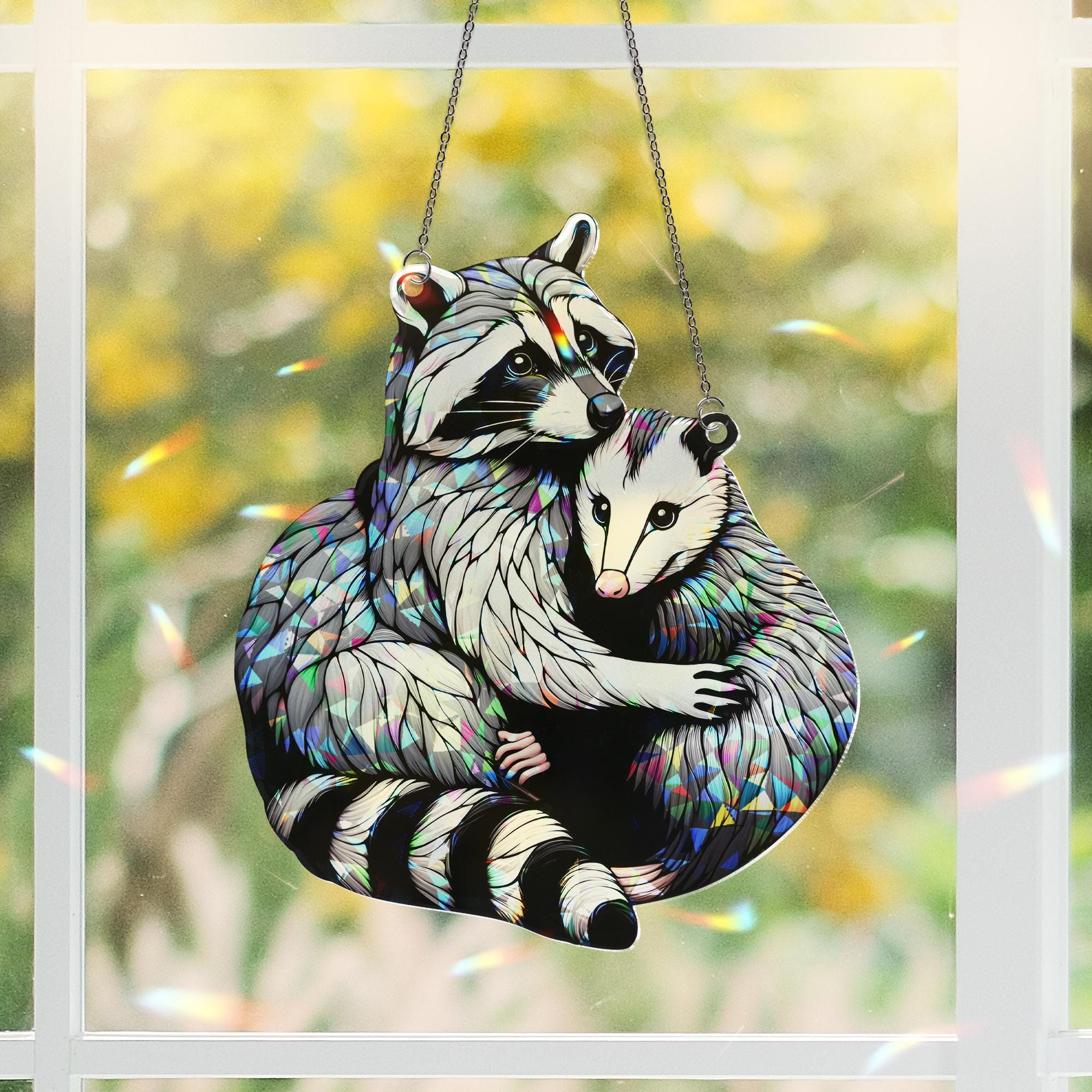 Raccoon Hugging Opossum Hologram Acrylic Window Hanging, Funny Bestie Gift, Trash Panda Team Suncatcher for Home Decor