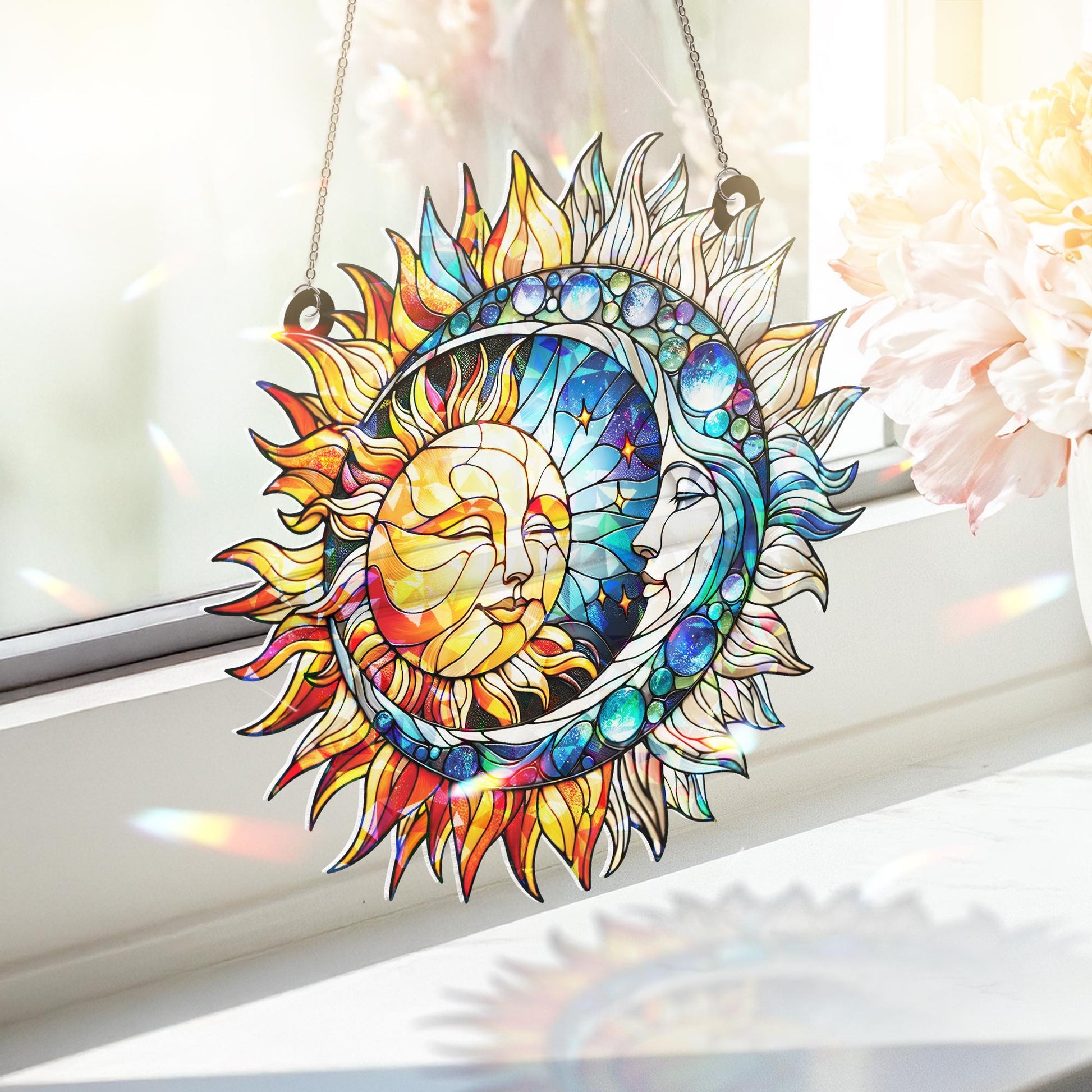 Celestial Sun Moon Hologram Window Hanging, Suncatcher Decor for Celestial Window, Perfect Gift for Witchcraft Lovers