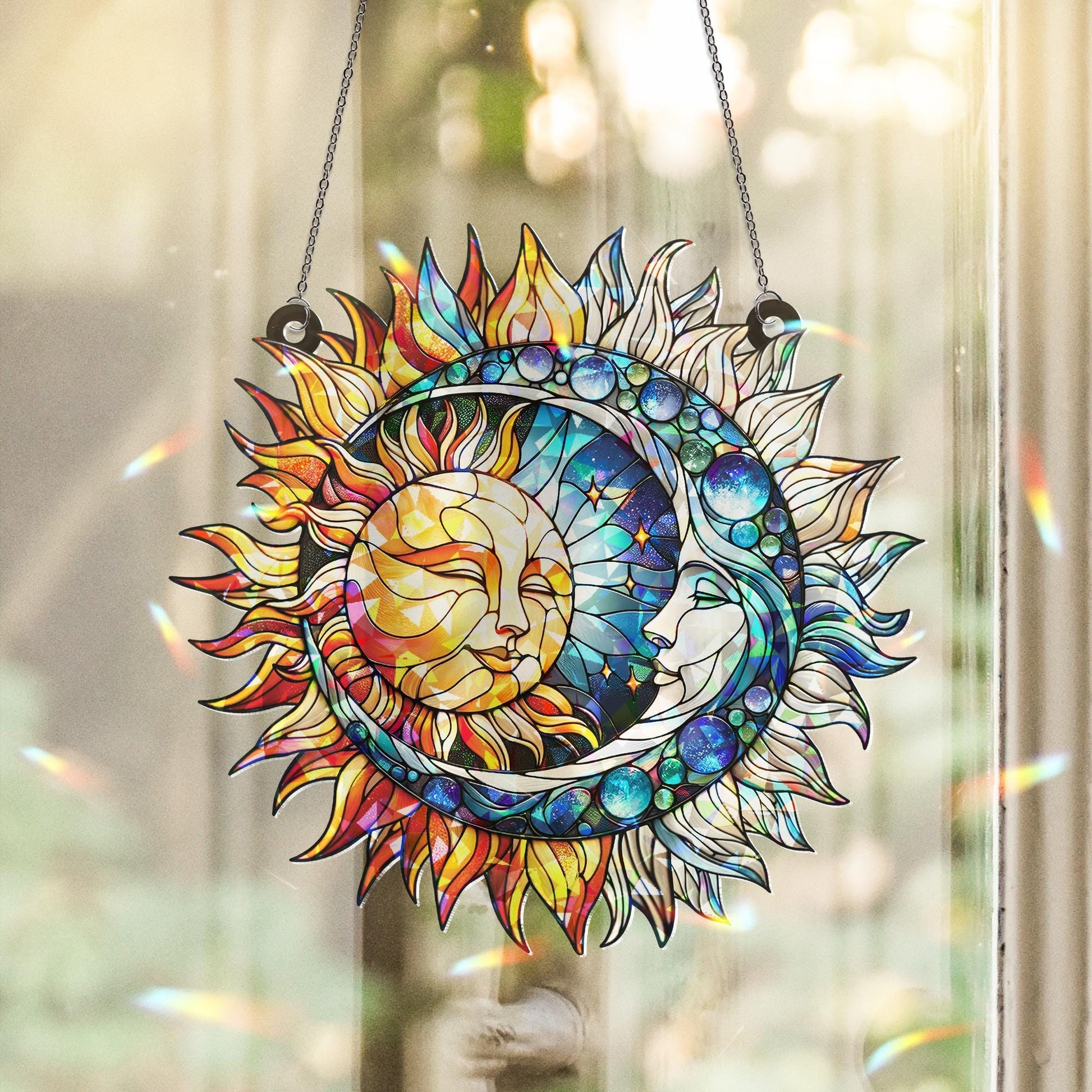 Celestial Sun Moon Hologram Window Hanging, Suncatcher Decor for Celestial Window, Perfect Gift for Witchcraft Lovers