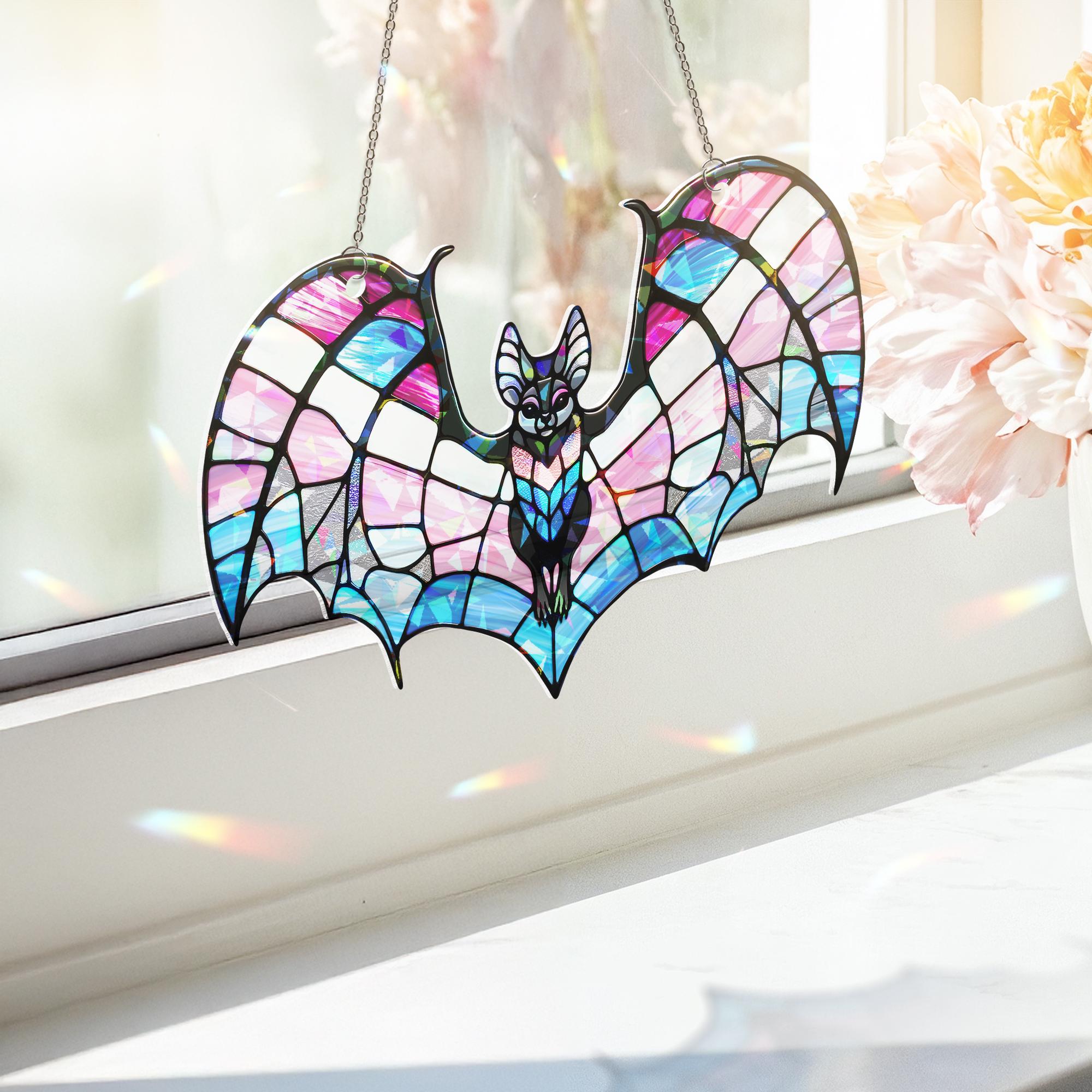 Hologram Transgender Bat suncatcher window hanging, Unique Bat decor, Colorful window charm for Transgender idea gift