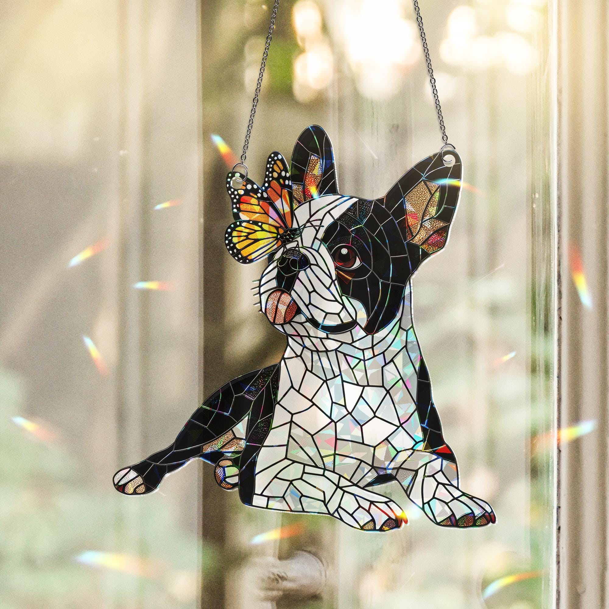Boston Terrier and Butterfly suncatcher, Hologram Window Hanging for Dog Moms, Unique Pet Lover Gift, dog owner gift