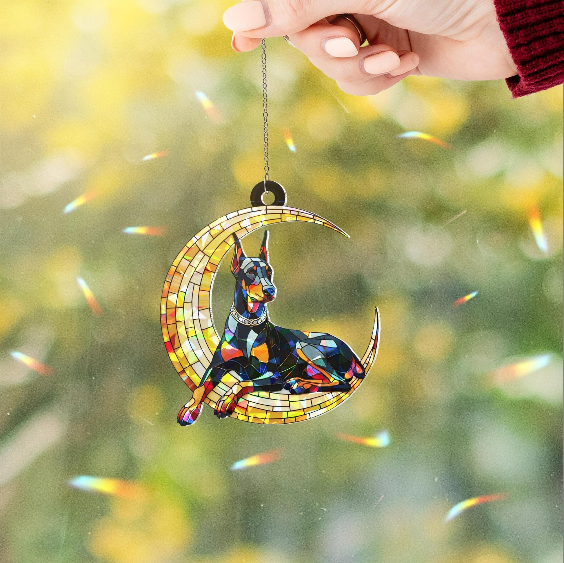 Doberman dog on crescent moon hologram suncatcher window hanging, heartfelt memorial gift for dog moms, unique home decor