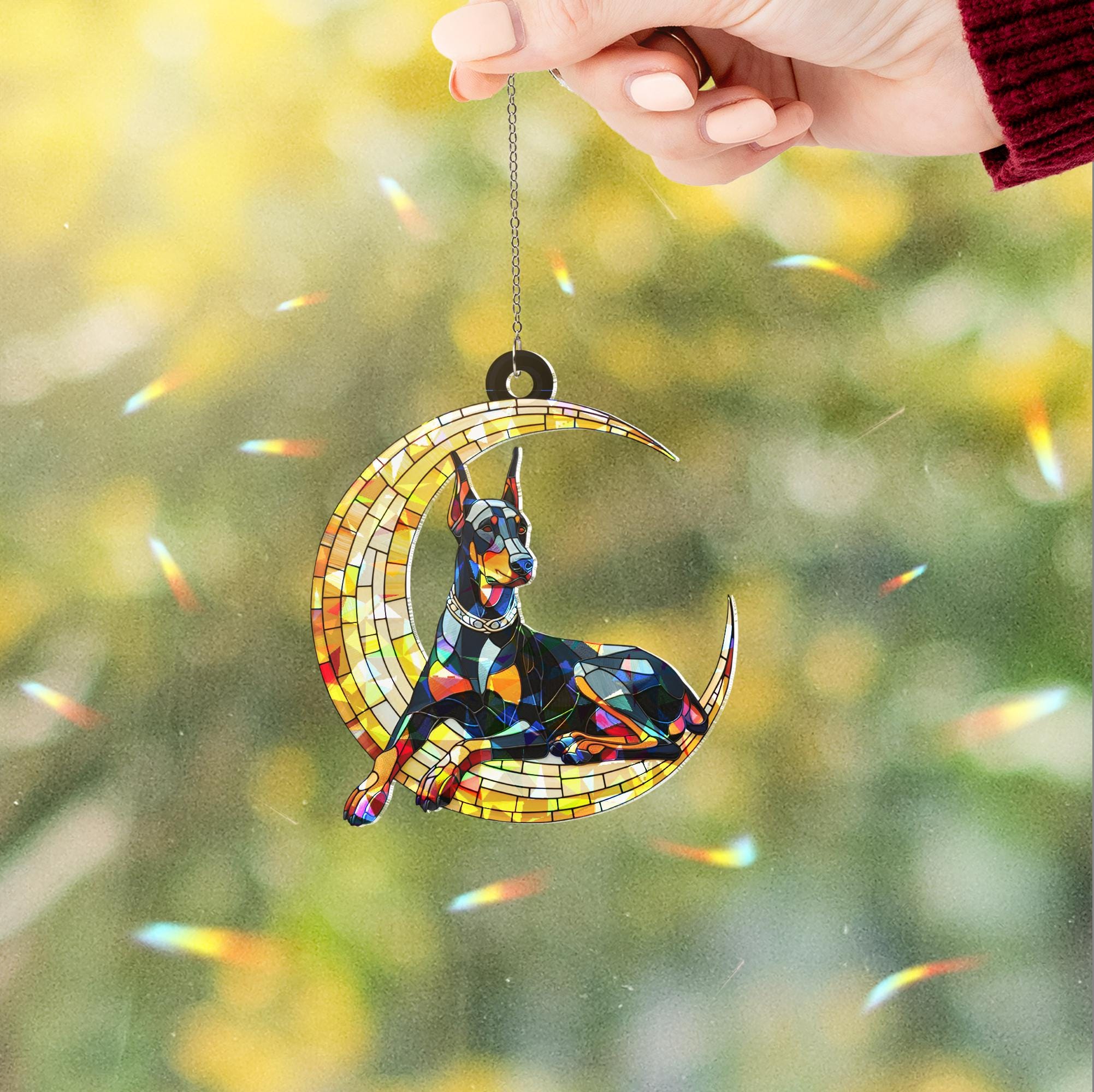Doberman dog on crescent moon hologram suncatcher window hanging, heartfelt memorial gift for dog moms, unique home decor