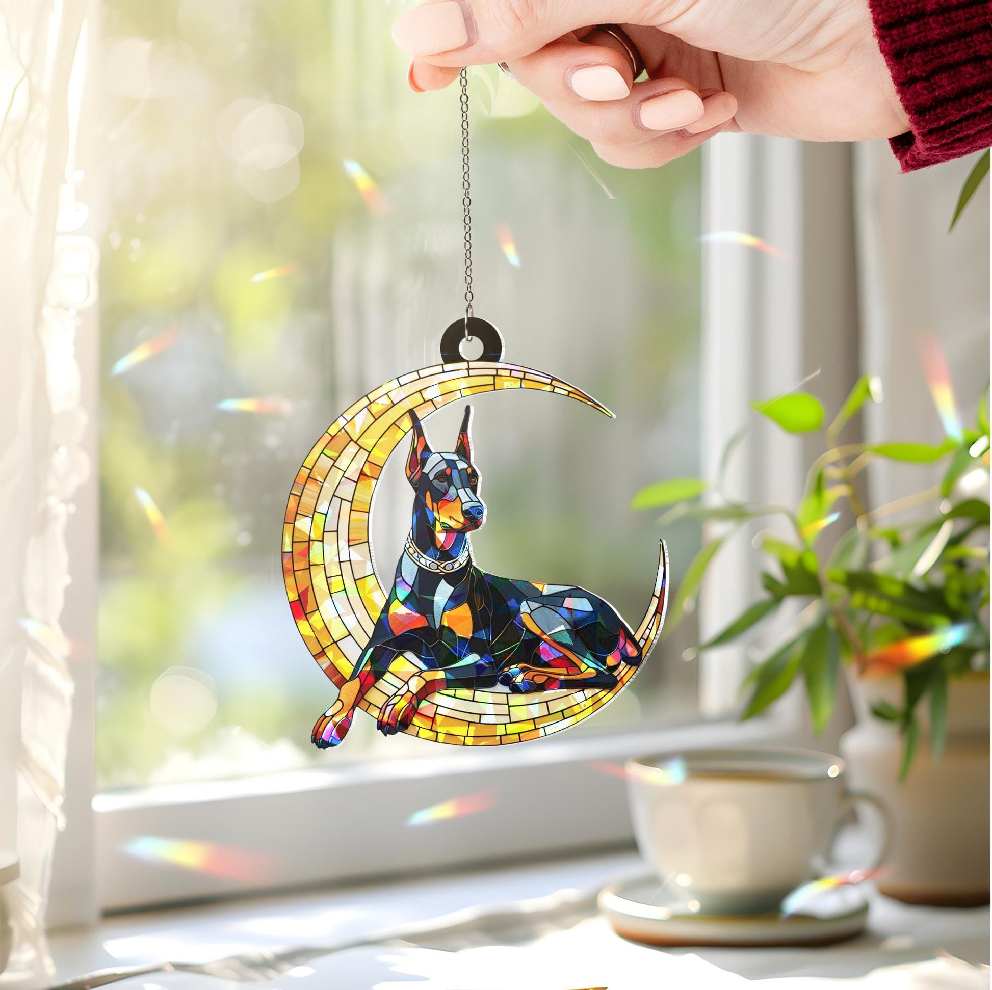 Doberman dog on crescent moon hologram suncatcher window hanging, heartfelt memorial gift for dog moms, unique home decor