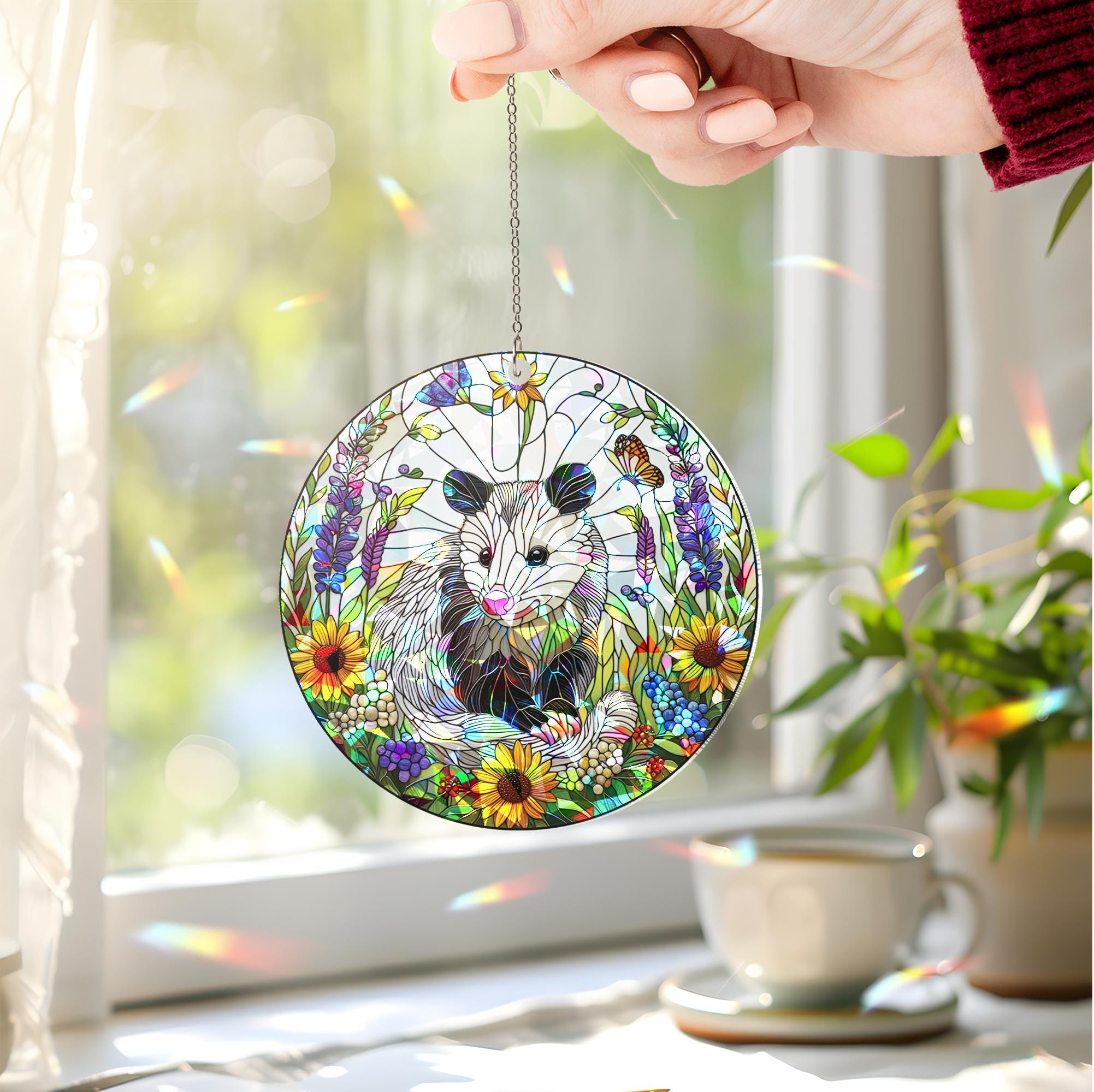 Opossum among wildflowers hologram suncatcher ornament, enchanting window hanging for vibrant decor, unique gift for possum lovers