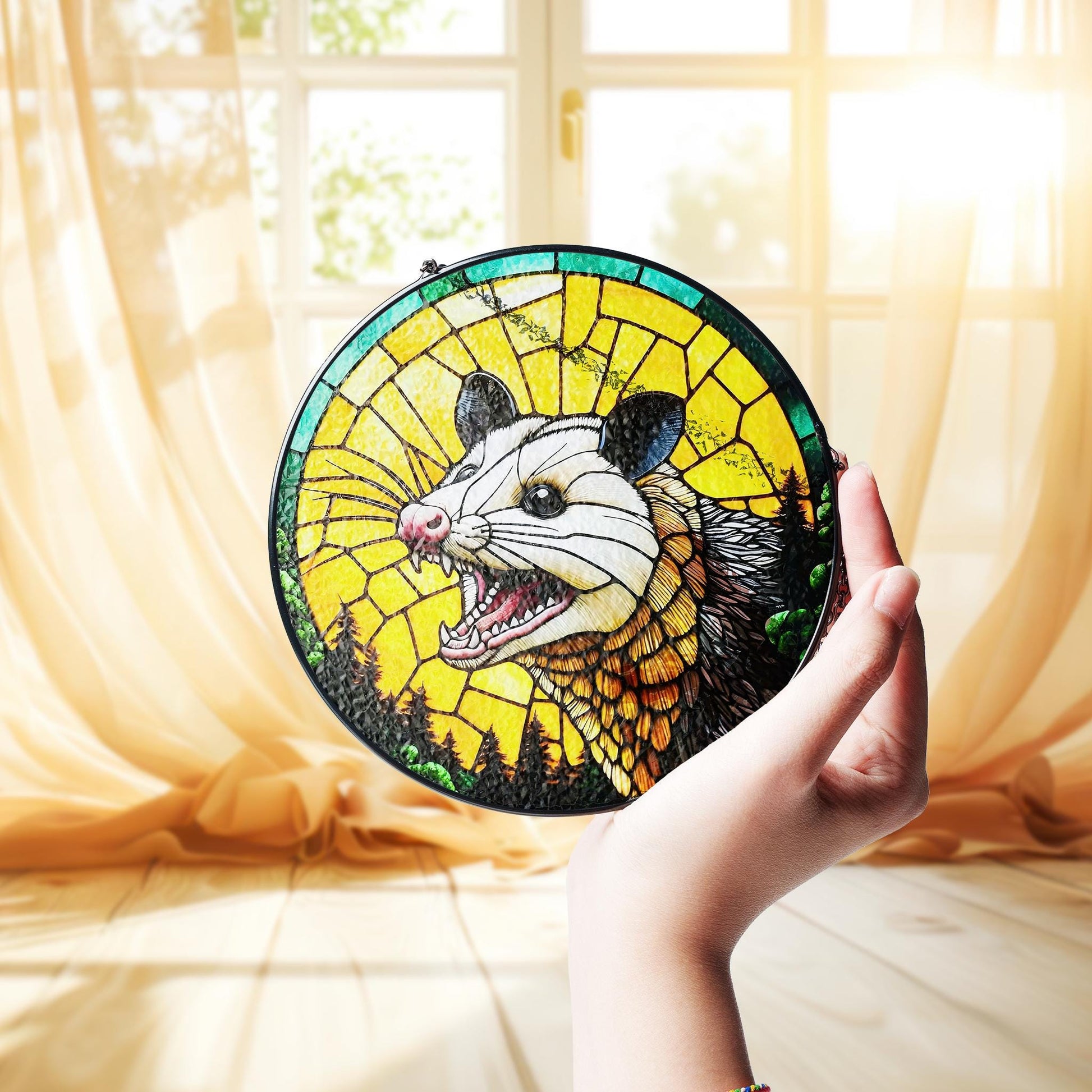 Funny Scream Opossum glass suncatcher, humorous opossum window hanging for home decor, perfect possum lover gift