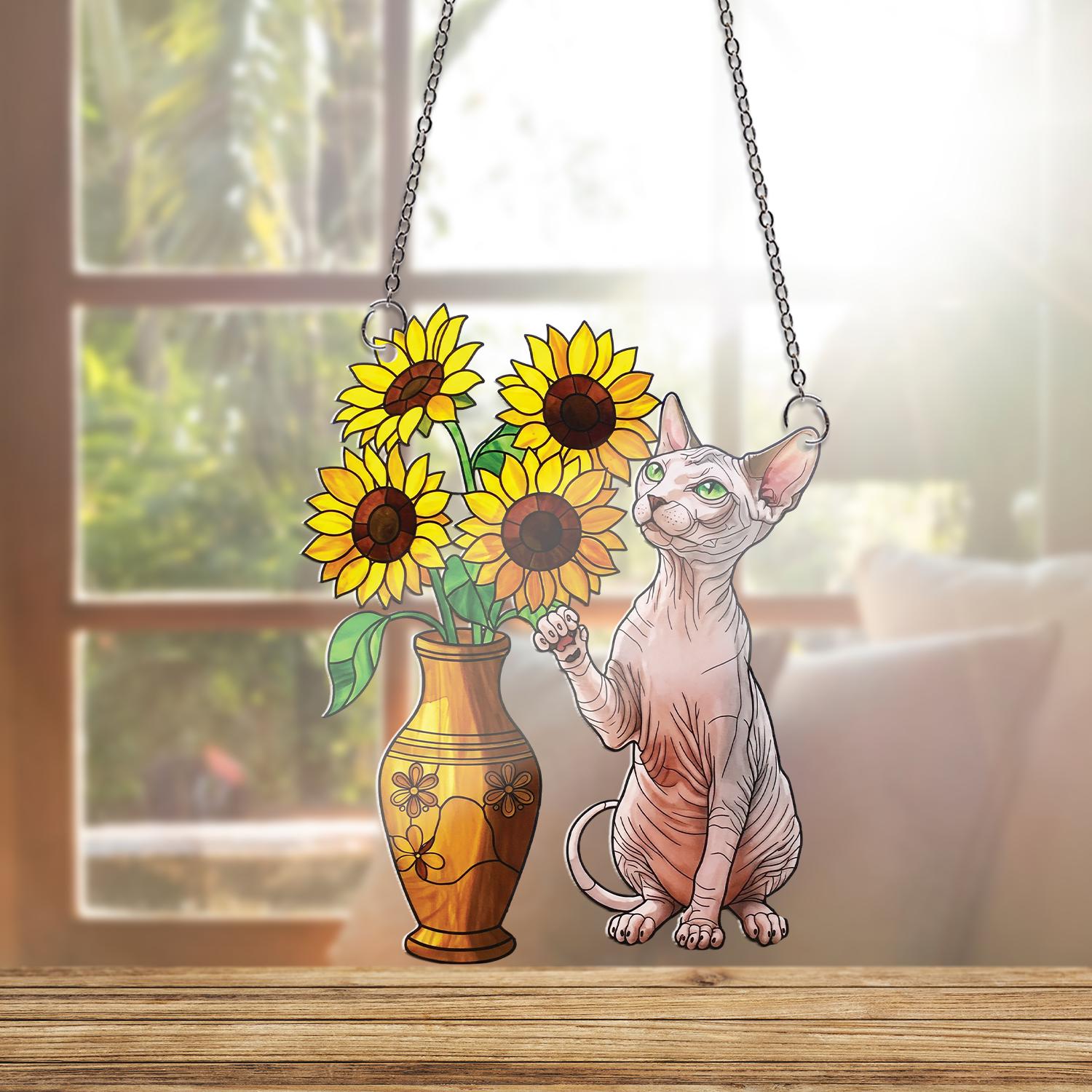 Sphynx Cat And Sunflower ACRYLIC Window Hanging, Sphynx Cat Mom Gift, Sphynx Cat Lover, Sphynx Wall Art, Sunflower Decor, Cute Cat Decor