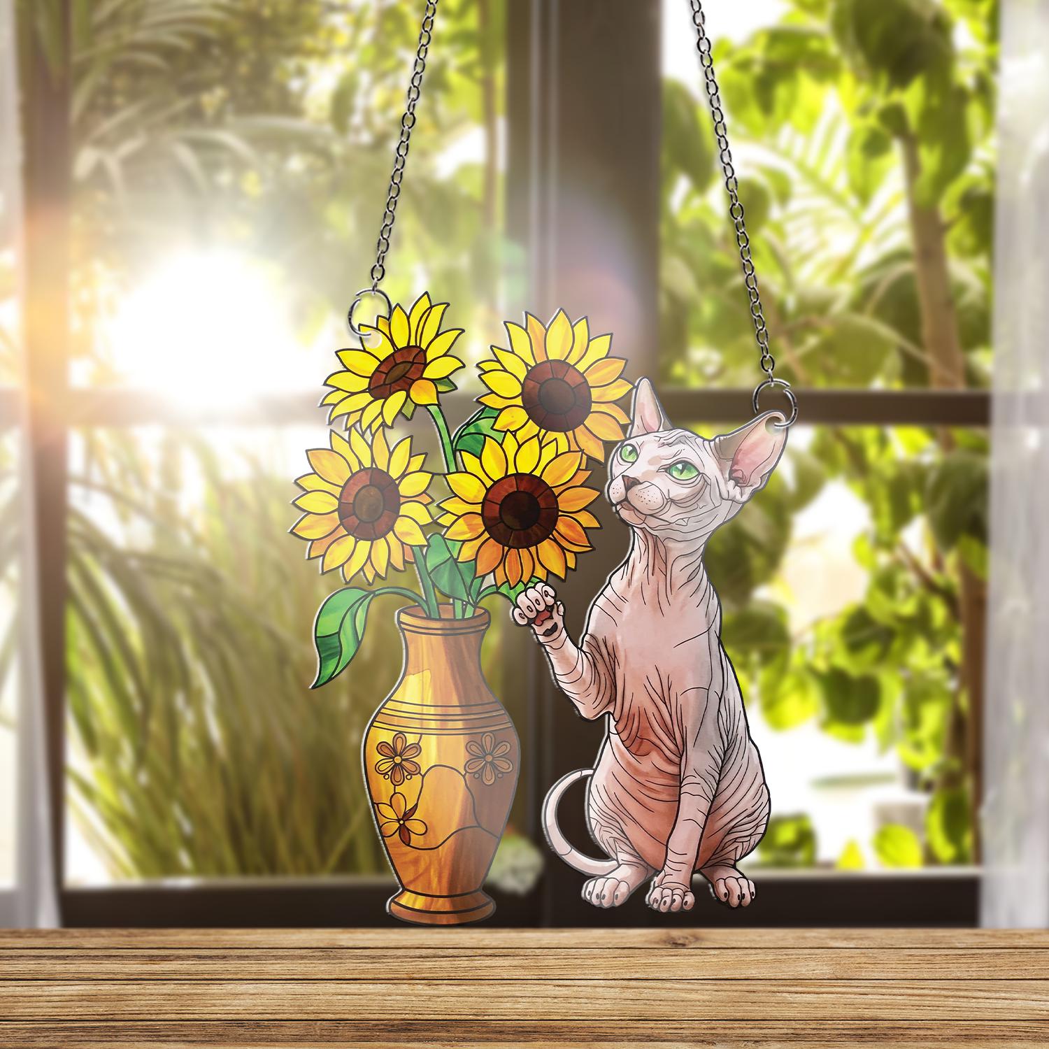 Sphynx Cat And Sunflower ACRYLIC Window Hanging, Sphynx Cat Mom Gift, Sphynx Cat Lover, Sphynx Wall Art, Sunflower Decor, Cute Cat Decor