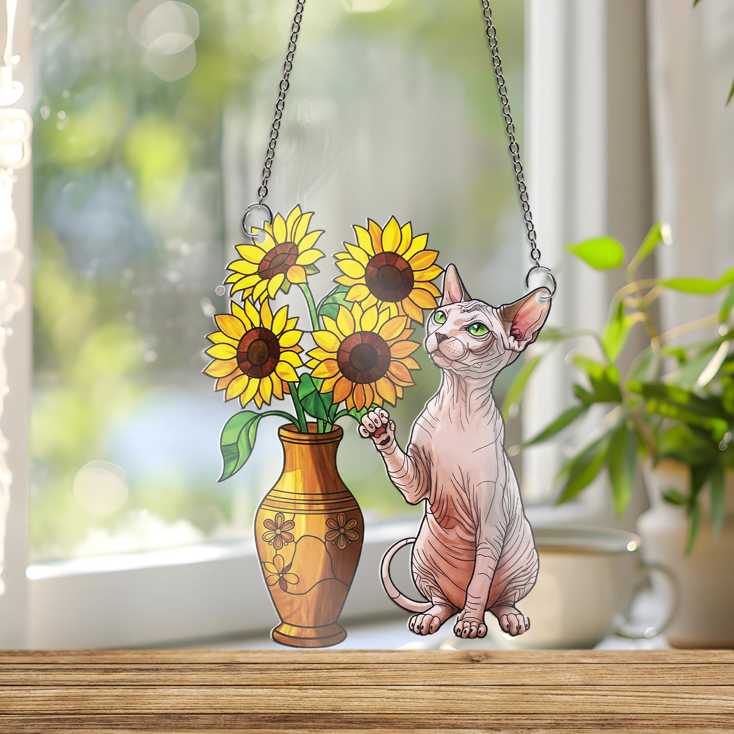 Sphynx Cat And Sunflower ACRYLIC Window Hanging, Sphynx Cat Mom Gift, Sphynx Cat Lover, Sphynx Wall Art, Sunflower Decor, Cute Cat Decor