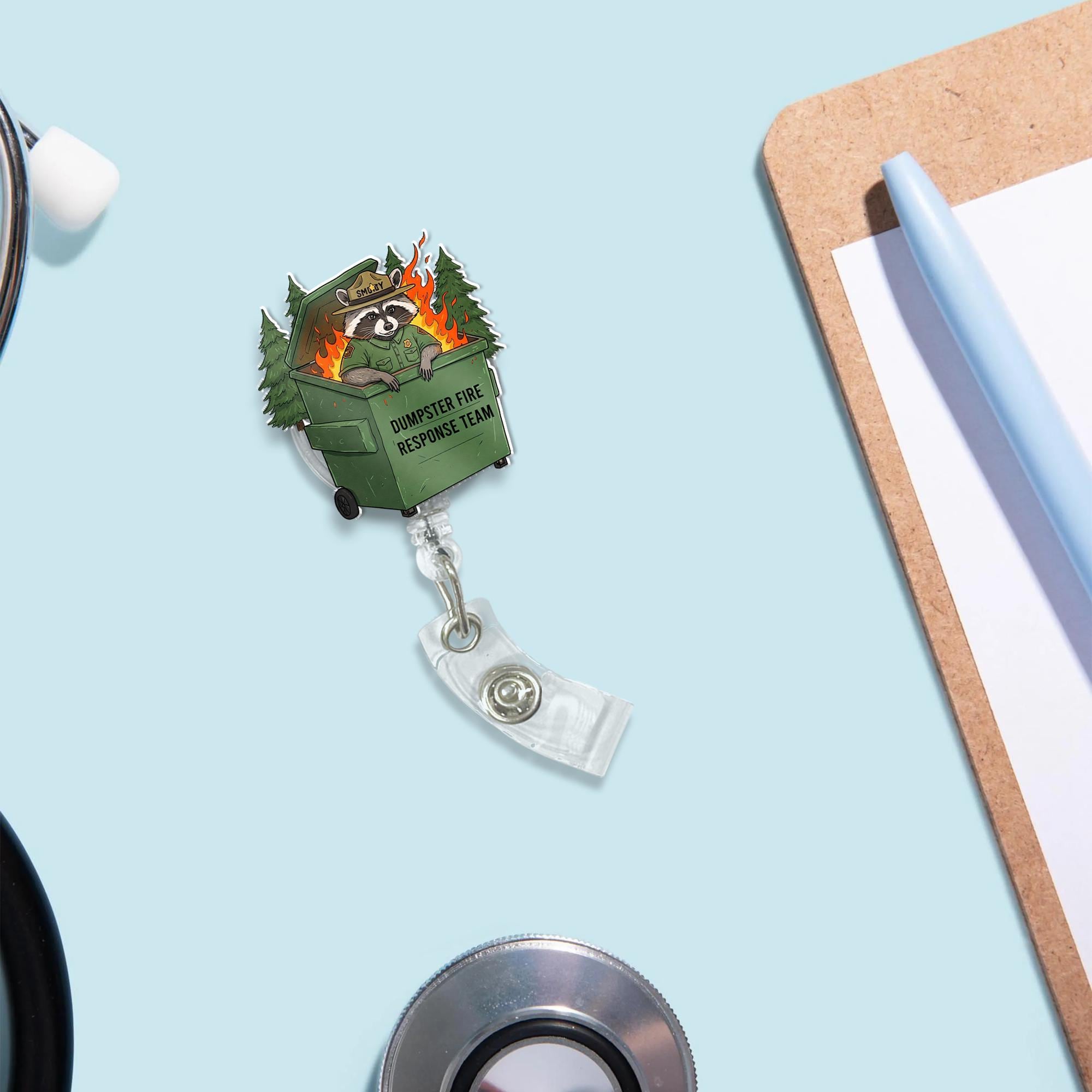 Dumpster Fire Response Team Badge Reel, Funny Raccoon This is Fine ID Holder, Perfect for Nurses & Coworkers, Humorous Gift