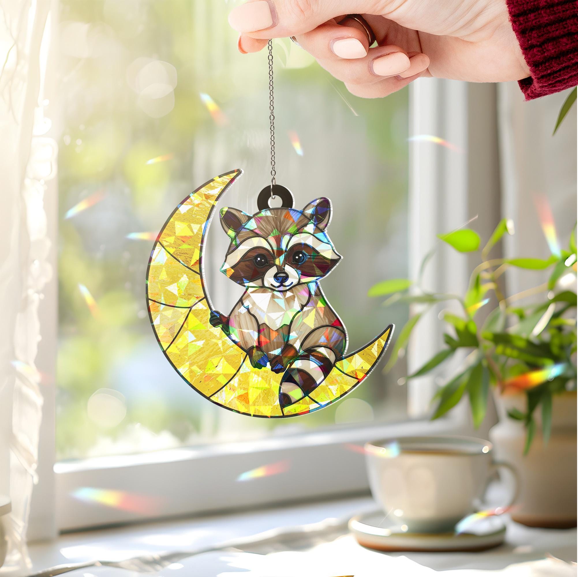 Raccoon On Moon Hologram Ornament, Raccoon ACRYLIC Window Hanging, Gift for Raccoon Lover, Moon Decor, Raccoon Gift, Raccoon Home Decor